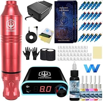 Tattoo Kit POSEIDON Rotary Tattoo Pen Kit Beginner Tattoo Machine Kit with Power Supply and 20 Tattoo Cartridge Needles 6 Colors Tattoo Ink with Foot Pedal Tattoo Gun for Artists(TK019)
