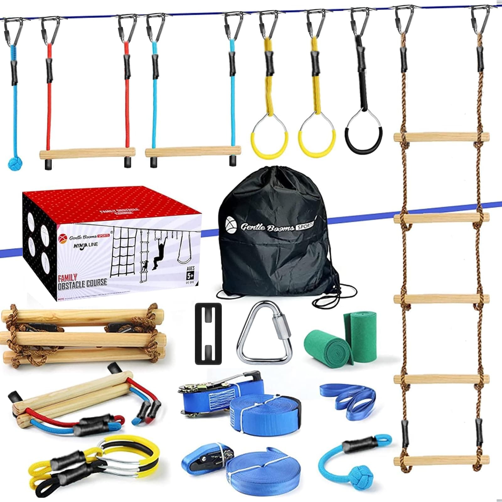 Ninja Warrior Obstacle Course for Kids,2×56ft Slackline Kit with 8 Ninja Accessories+Fast-Setup Buckles- Monkey Bar,Rope Ladder,Gymnastic Ring,Arm Trainer and Monkey Fist,Supports 880 lbs