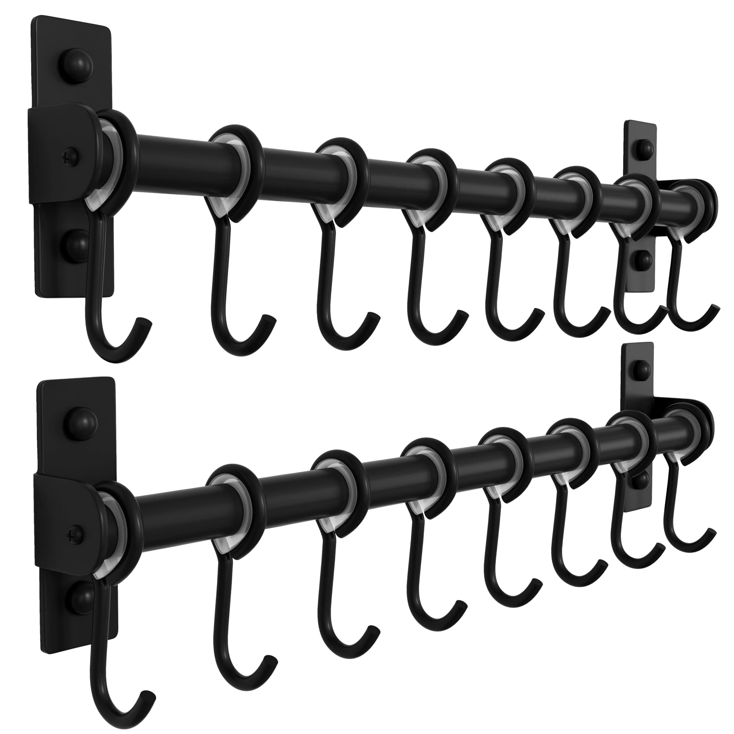 Dseap Kitchen Hooks for Hanging Utensils, Hanging Pot Rack, Kitchen Utensil Hanger Rail with 8 Hooks for Pots Pans, Spoons, Mugs, Wall Mounted, Stainless Steel, Black, Pack of 2
