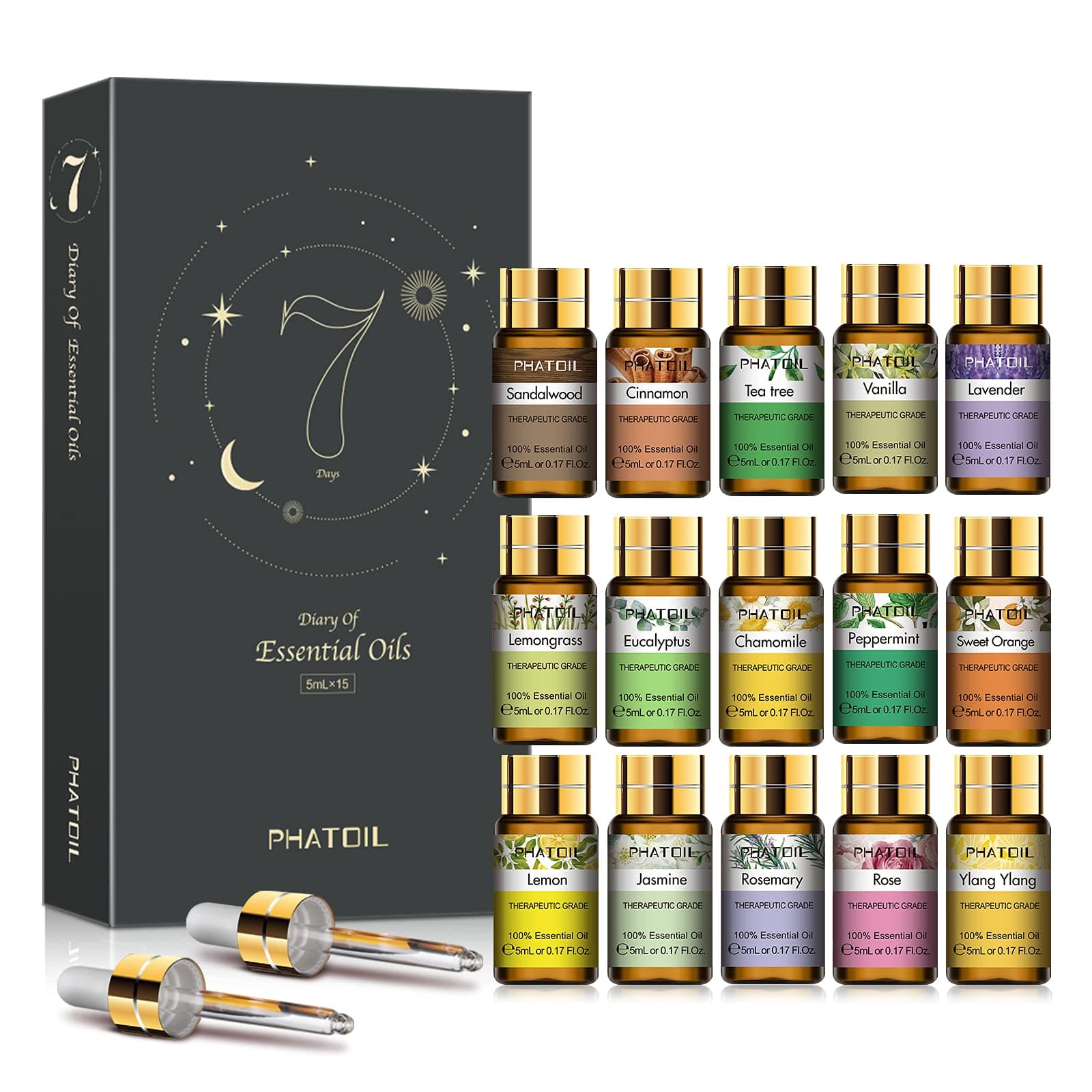 Essential Oils Gift Set 15 x 5ml, Pure Essential Oil Aromatherapy Oil for Skin Care, Hair Care, Bath, Ideal for Humidifier, Diffuser, Relax
