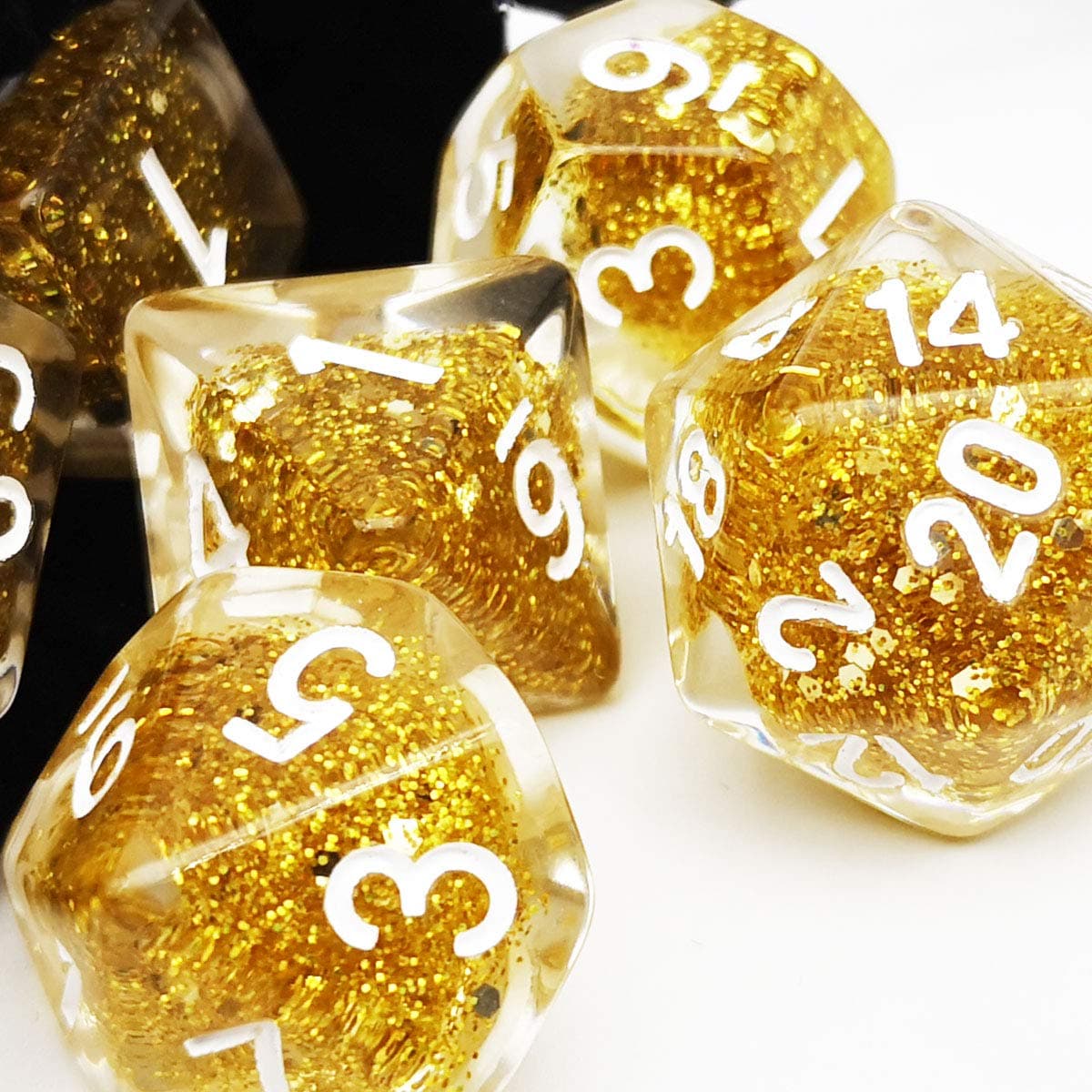 Glitter DND Dice Set Gold 7PCS Polyhedral D D Dice for Roleplaying Dice Games Compatible with Dungeons and Dragons, Dice Bag Included