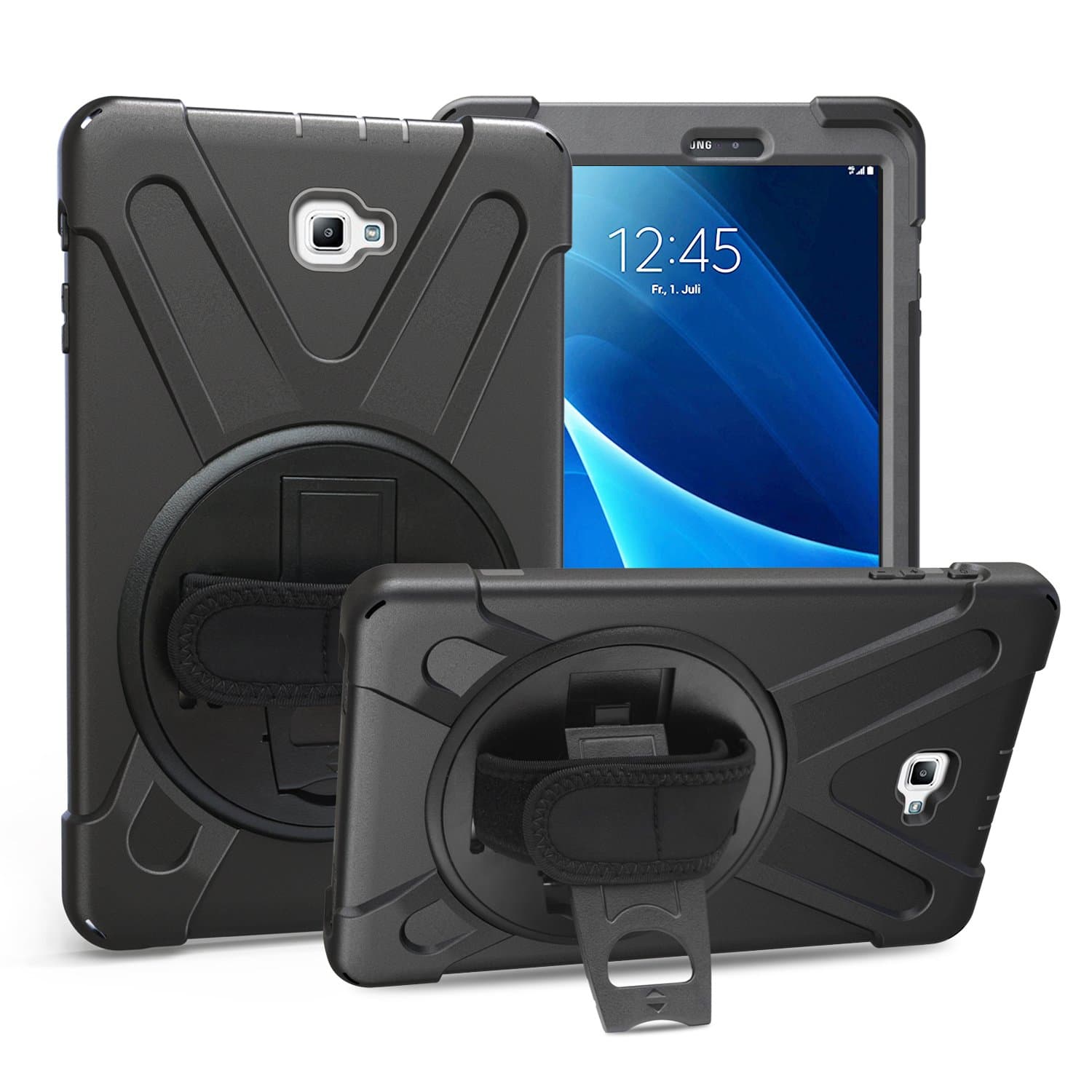 Samsung Galaxy Tab A 10.1 Case, Heavy Duty Rugged Full-Body Hybrid Shockproof Drop Protection Cover with Kickstand and Hand Strap for for Galaxy Tab A 10.1 Inch Tablet SM-T580/T585 (Black)