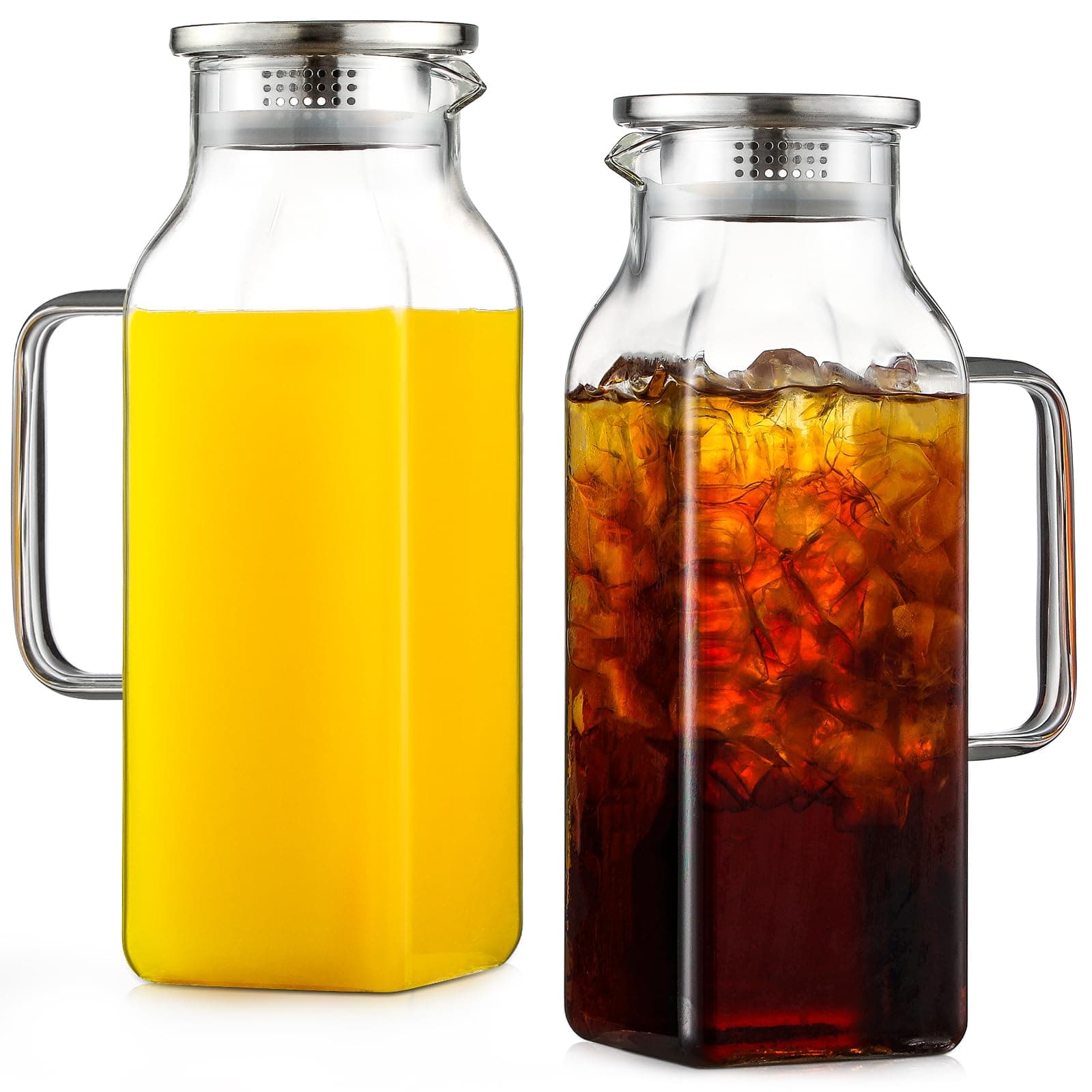 Netany 2 Pack 2.13 Liters/72 oz Square Glass Pitcher with Lid and Handle for Fridge, Iced Tea and Coffee Carafe Beverage Serveware, Heat Resistant Borosilicate Water Jug for Hot/Cold Drinks and Milk
