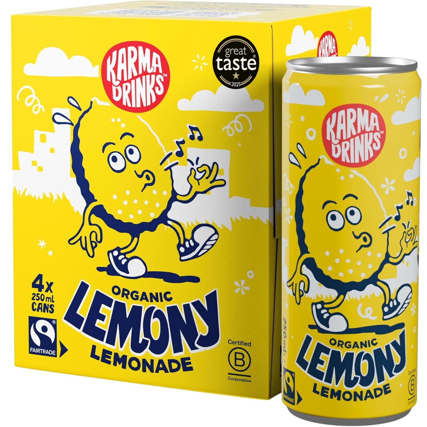 – Karma Drinks Lemony Lemonade - 4 x 250ml Cans - Natural Fizzy Soft Drinks, Fairtrade, Organic & Vegan
