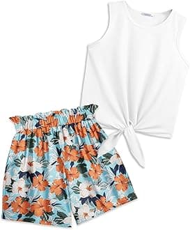 Arshiner Girl's 2 Piece Outfits Summer Tie Knot Tank Top and Paperbag Waist Pocketed Short Sets