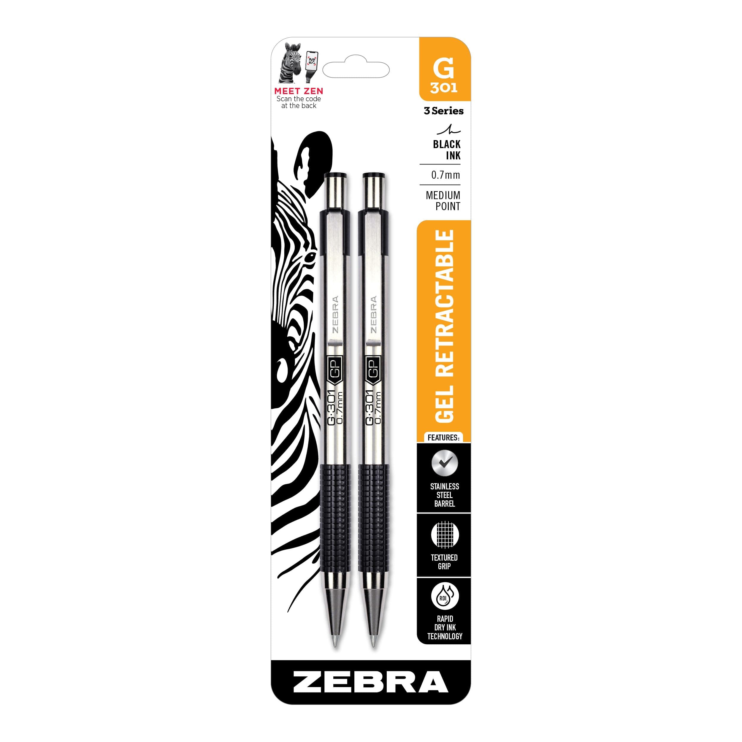 G-301 Retractable Gel Pen, 0.7mm Medium Point, Stainless Steel Barrel, Textured Grip, Easy Glide Ink Provides a Smooth and Skipless Writing Experience, Black Ink, 2-Pack (41312)