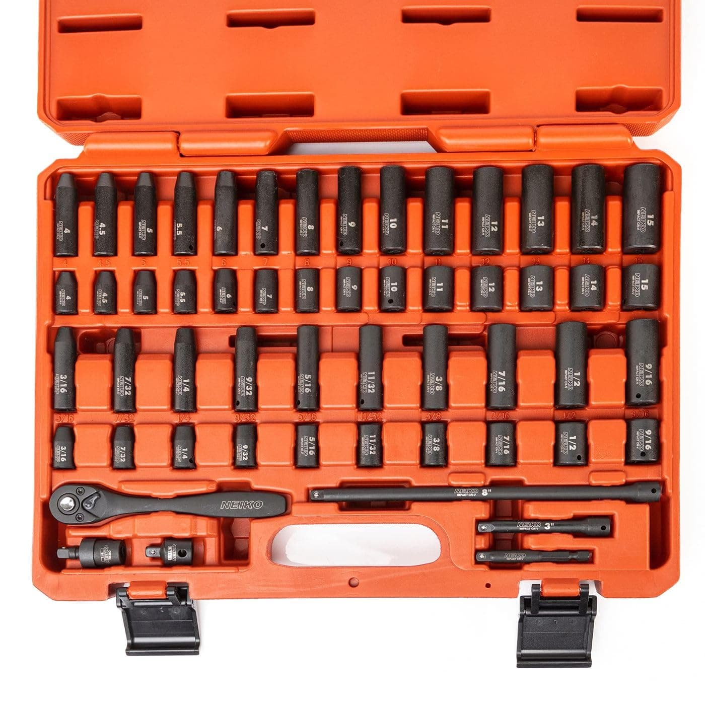 NEIKO 02437A 1/4 Drive Impact Socket Set 54 Piece Metric & Standard, Deep & Shallow Chrome Vanadium Steel 3/8” to 1/4” Reducer Hex Shank Adapter, Metric and Standard, Deep Socket Set