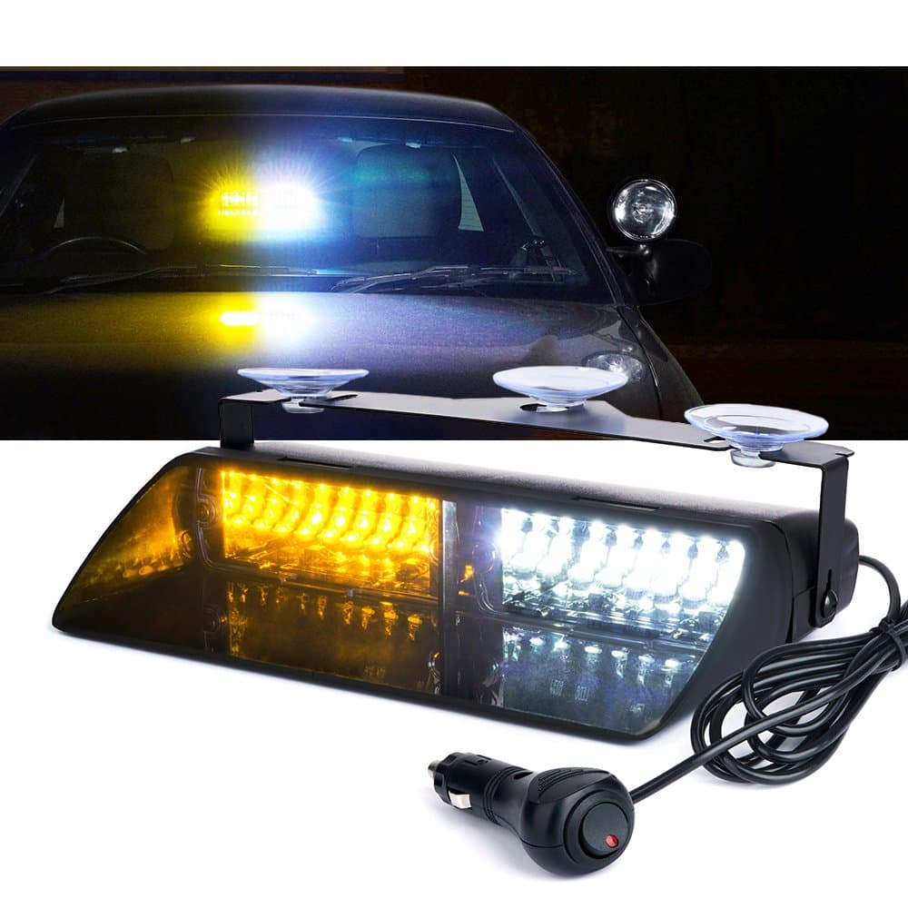 Xprite Amber White LED Emergency Dash Strobe Light, Interior Windshield Safety Warning Traffic Lights w/Suction Cups, 12V Windshield Visor Light Bar for Construction Trucks Plows Postal Security Cars