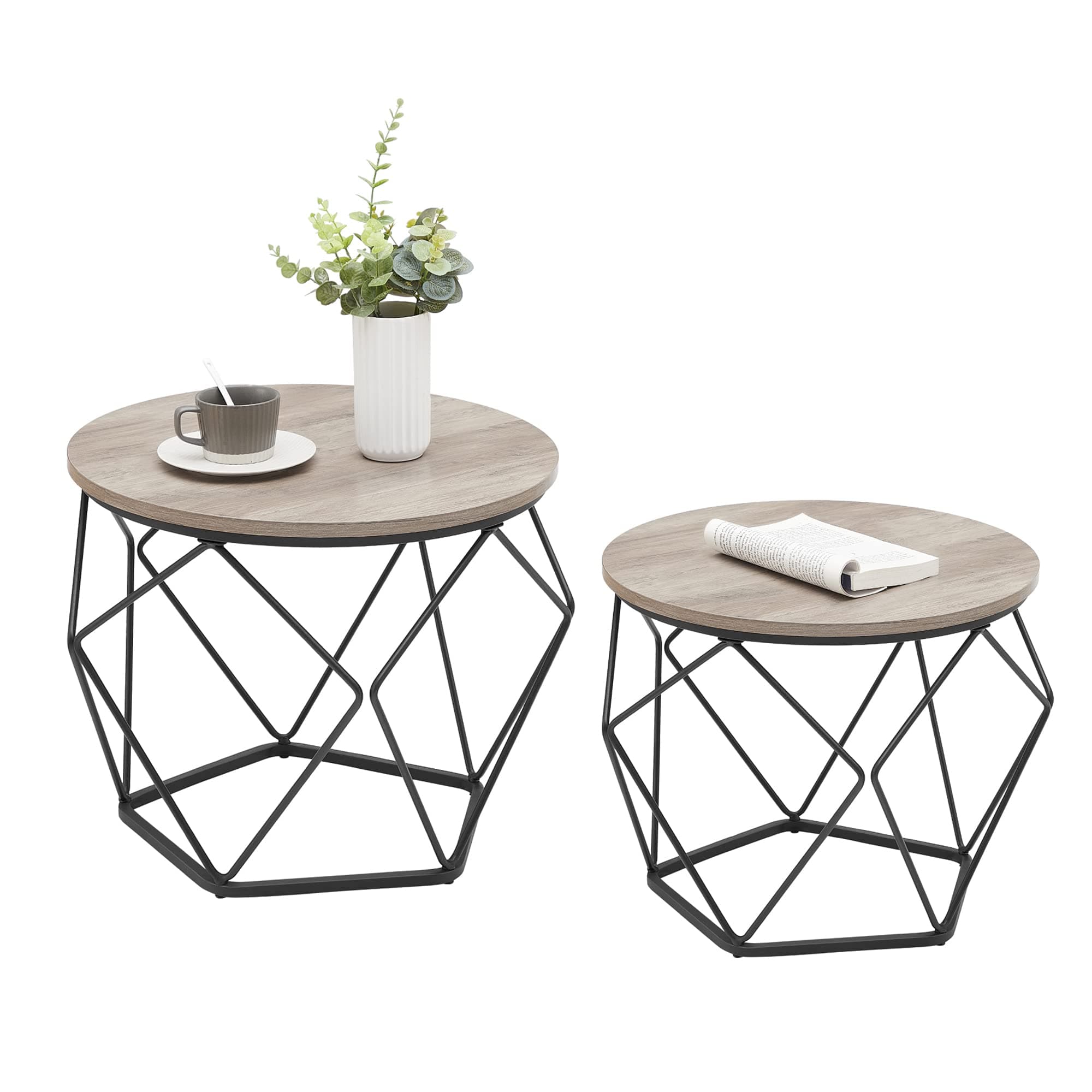 VASAGLE LET040B02 Round Coffee Table, Set of 2, Side Table, Sofa End, Industrial Style, Removable Tray, Steel Frame, for Living Rooms, Grey-Beige and Black