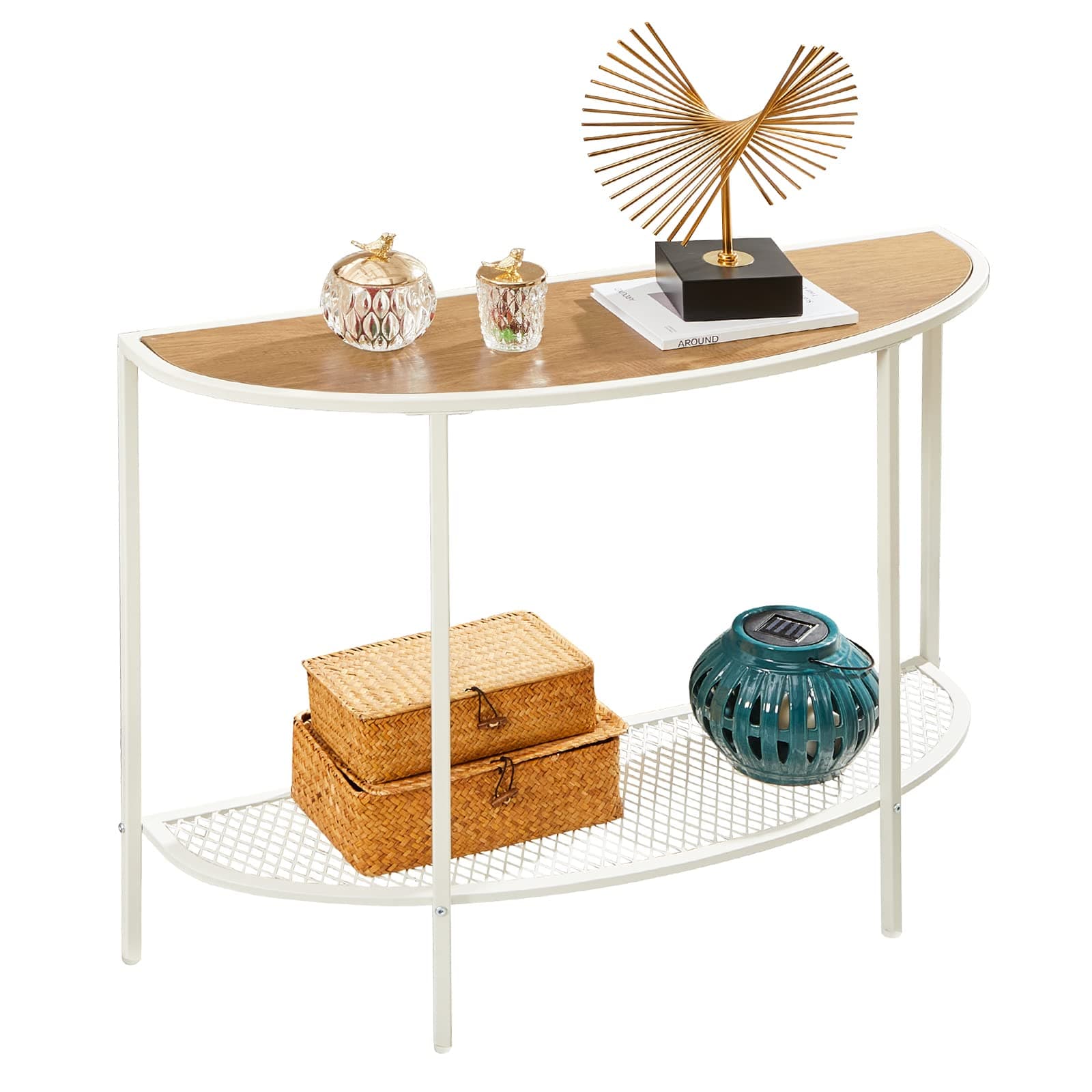 Console Table 2 Tier Narrow Entryway Table with Storage Shelves Half Moon Sofa Couch Table Small Entry Way Tables for Living Bedroom Hallway Office Easy Assembly, Oak White