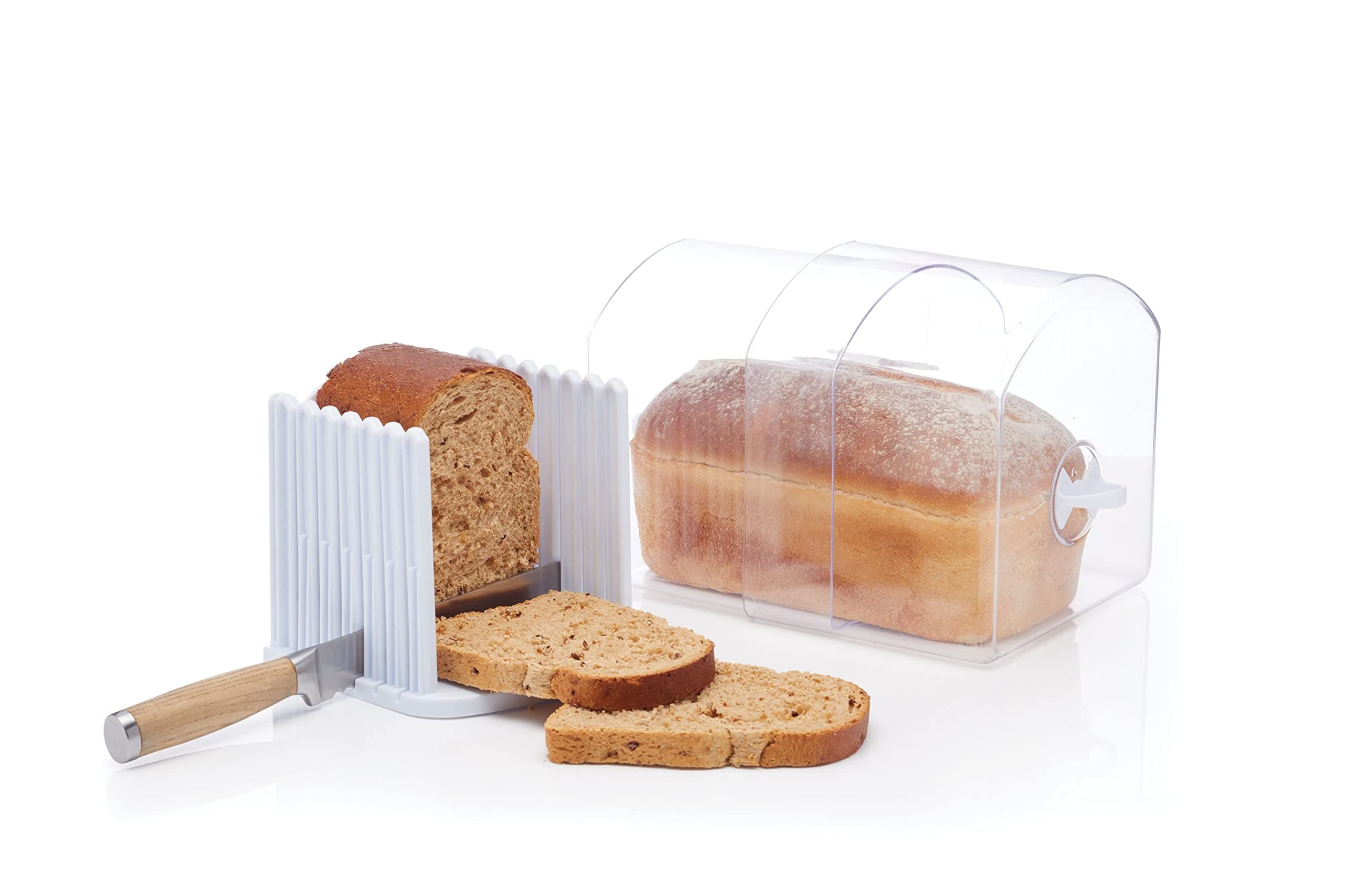 Stay Fresh Expanding Bread Keeper - Bread Bin with Bread Slicer Guide, in Gift Box, Plastic - Large