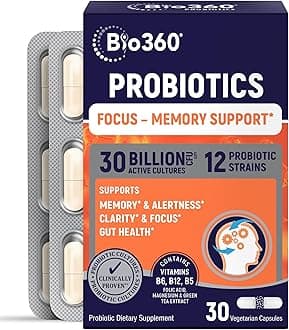 Bio360 Probiotics, Cognitive Support Formula, Brain Health & Mental Energy with 8 Strains 15 Billion CFU, Vitamin Boost for Women & Men, Stable Blister Pack, 30 Vegan Supplements