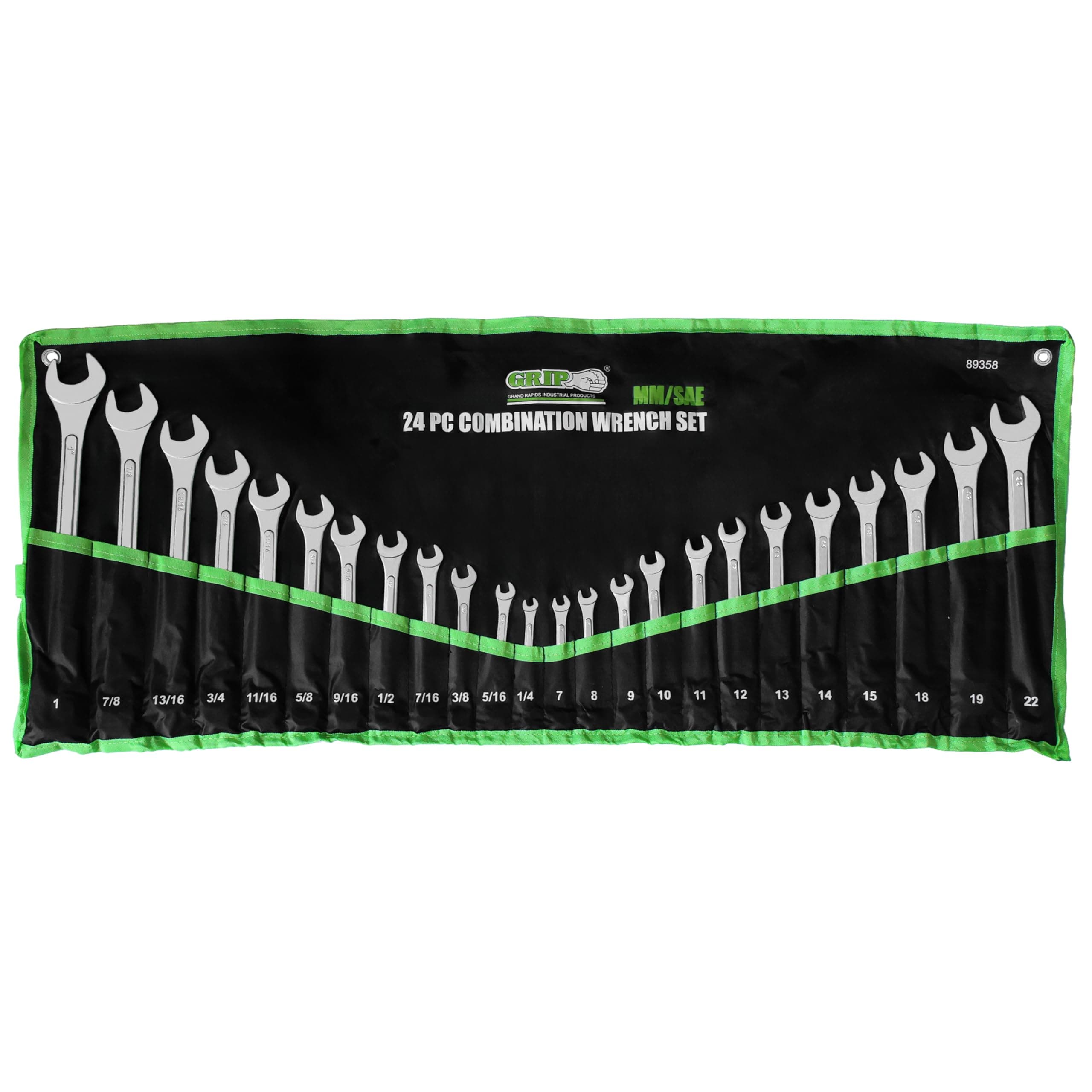 Grip 24 pc Raised Panel Combination Wrench Set MM/SAE - 12 point - Metric 7mm to 22mm - SAE 1/4” to 1" - Roll-up Storage Pouch - Household, Garage, Auto Repairs, Cars, Trucks, Boat