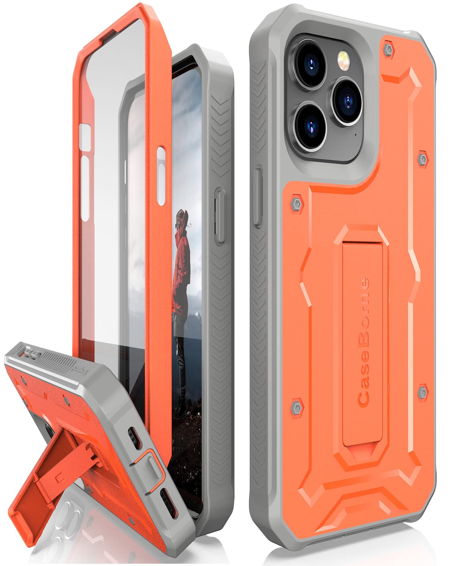 CaseBorne V Compatible with iPhone 14 Pro Max Case - Military Grade Full-Body Rugged with Kickstand and Built-in Screen Protector - Orange