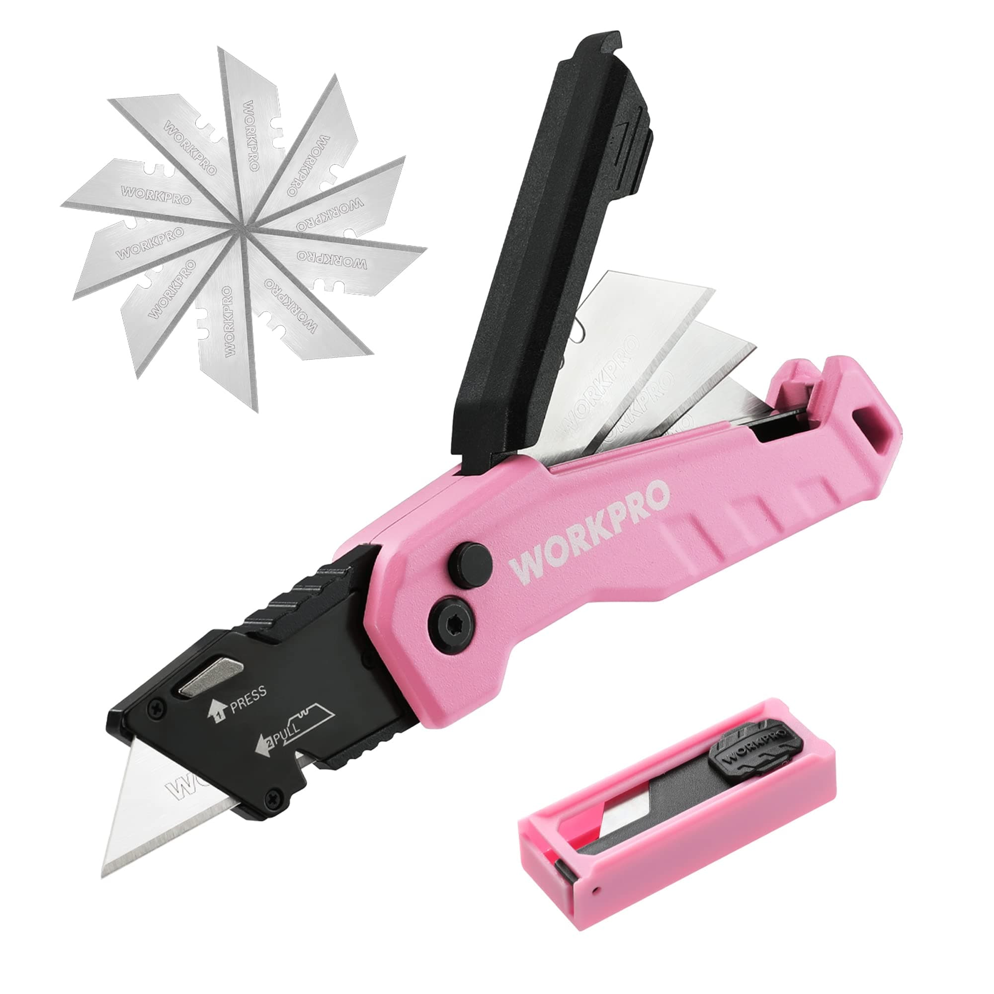 WORKPRO Aluminum Utility Folding Utility Knife Cutter Knife Quick Release Knife and Belt Clip, Knife Storage, Safety Lock Design, With 13 Extra Blades, Pink