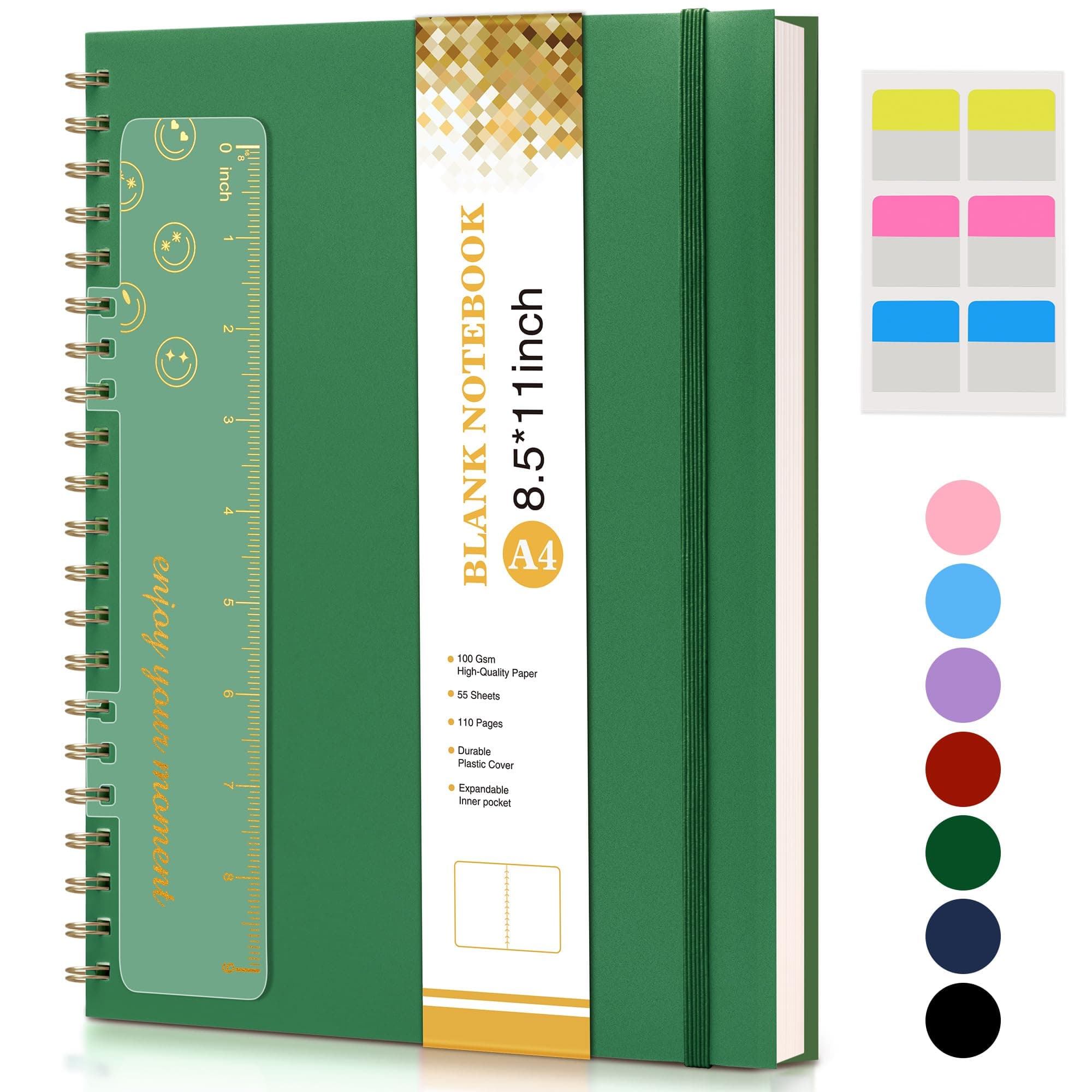 Blank Spiral Notebook Journal 8.5” x 11”, A4 Large Sketch Book for Women Men, 100 GSM Blank Paper Drawing Notebook, Plastic Hardcover Spiral Bound Sketchbook for Sketching Work School Writing, Green