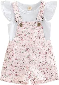 Toddler Baby Girl Summer Overall Outfit Ruffle Sleeve Tops T-Shirt + Floral Suspender Shorts Pockets Clothes Set (Floral Pink, 4-5 Years)