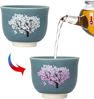 Heat Changing Sensitive Cherry Blossoms Tea Cup, Japanese Style Color Changing Coffee Mug, Ceramic, Unique Magic Coffee Tea Cup for Gift Valentines 4.4 oz/130ml (Blue)