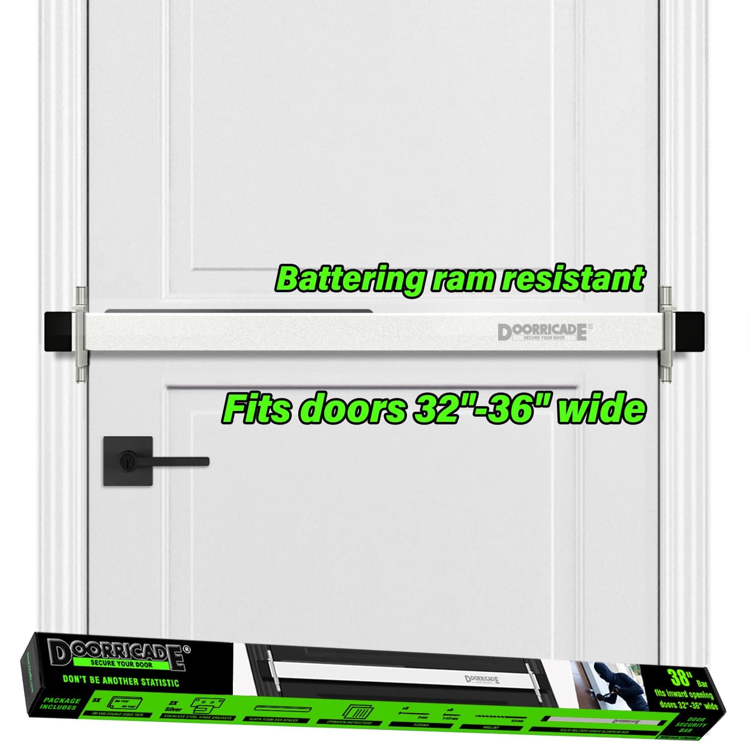 Door Security Bar-by Doorricade-Secure The Entire Width of Your Inward Opening Front Door-Safe Room. Fits Doors 32"-36" Wide.