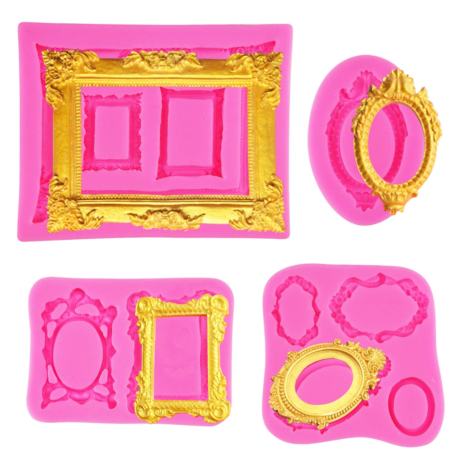 Rainmae 4Pcs Pink Picture Frames Silicone Mold for Cake Decorating, Photo Frame Fondant Mold, Vintage Frame Collections Molds Sugar, Gum Paste, Chocolate, Cookies, Polymer Clay, Candy Soap Resin Mould
