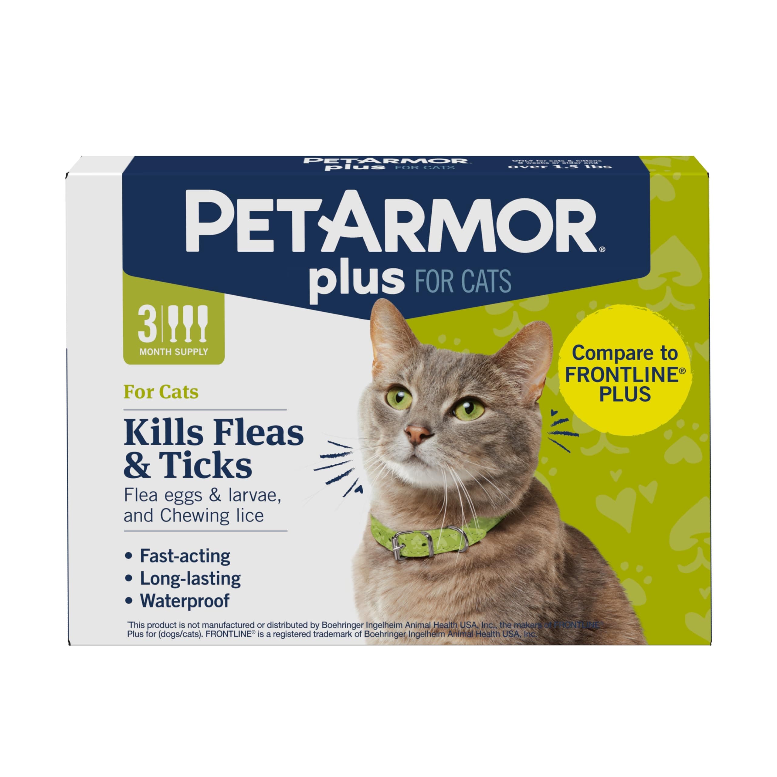 PetArmor Plus Flea and Tick Prevention for Cats, Cat Flea and Tick Treatment, 3 Doses, Waterproof Topical, Fast Acting, Cats Over 1.5 lbs