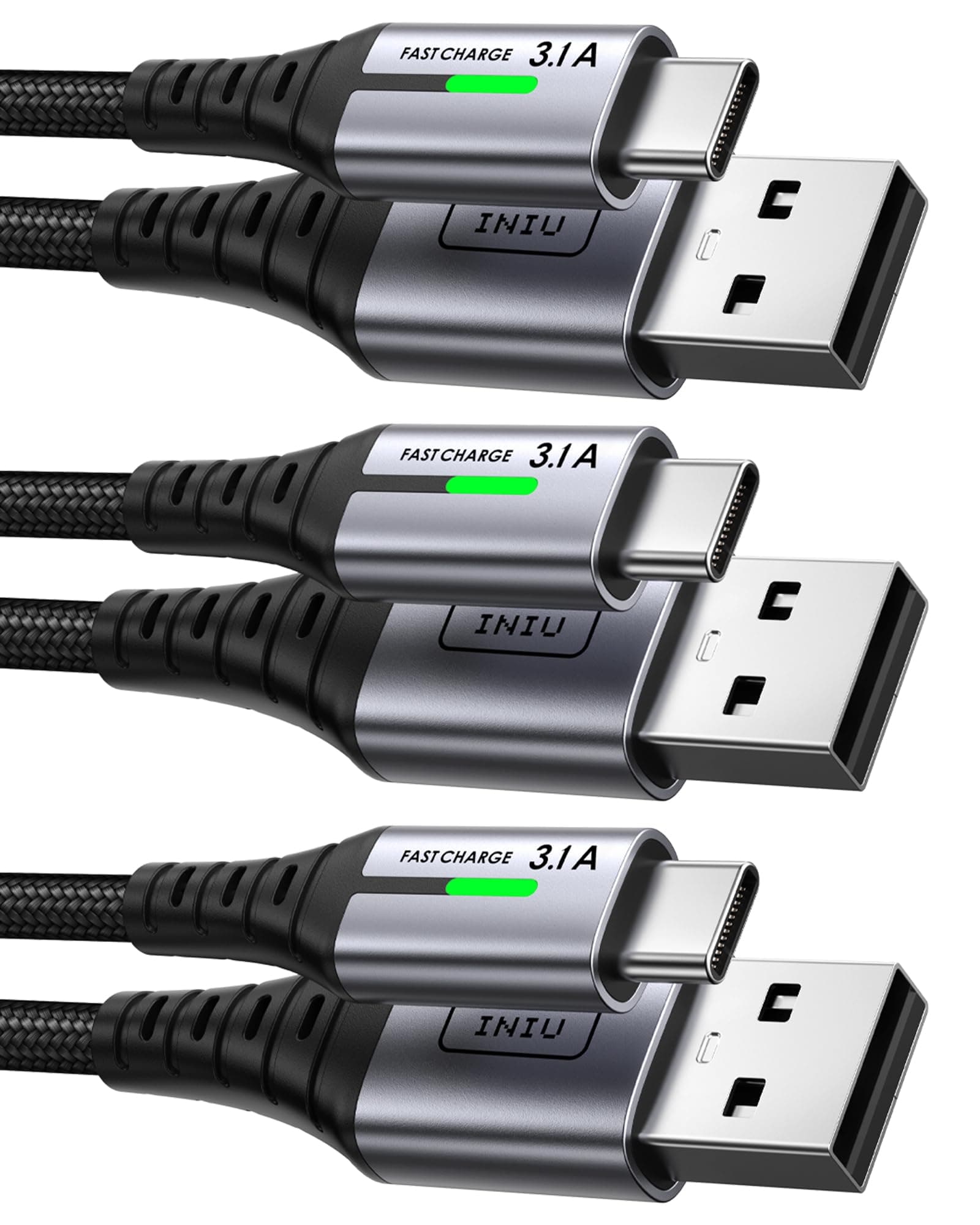 INIU USB C Charger Cable, [3 Pack 0.5+2+2m] USB A to USB C 3.1A Fast Charging, Braided Phone Charger Type C Cable for iPhone 17 16 15 Pro Max Samsung Galaxy S25 S24 S23 Switch PS5 Huawei Pixel 9a etc