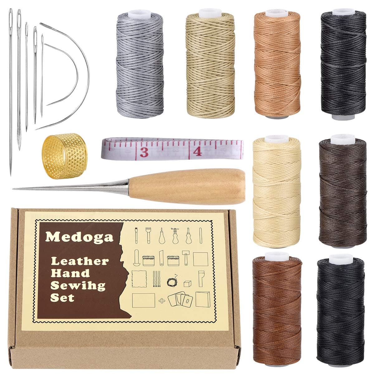 18pcs Waxed Thread with Hand Sewing Needles Kit and Drilling Awl Thimble 150D 1mm Hand Stitching Cord for Leather Craft DIY (18 Leather Sewing kit)
