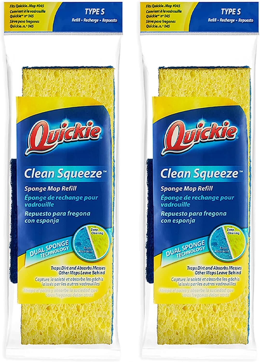 Quickie Sponge Mop Refill Type S [Set of 2] - Mop Head Replacement Pads 9X2.75 Inch - Replacements #045 - Made in USA - Bundled Eraser Cleaning Pad
