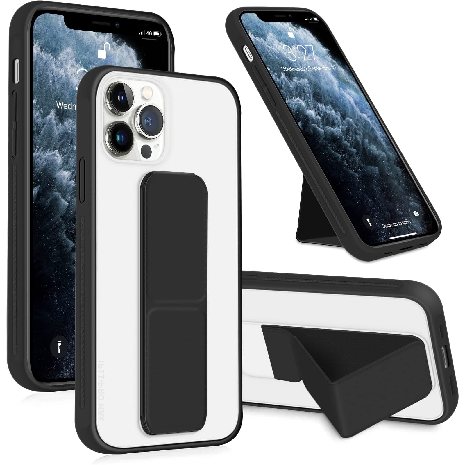 INFOSUN for iPhone 11 Pro Case Stand Cover Matte Cases with Frosted Back Hand Grip Kickstand Cover Holder Shockproof Translucent Design for iPhone 11 Pro (5.8 Inch) (2019) (Black)