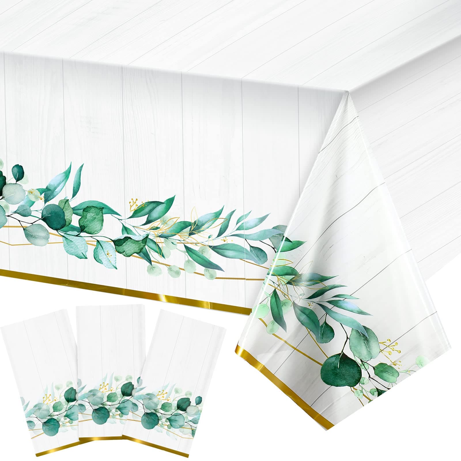 Tatuo 3 Pack Eucalyptus Leaf Tablecloth Plastic Sage Green Leaves Table Cover 54 x 108 Inch Disposable Greenery Sage Table Cloths for Spring Baby Shower Birthday Wedding Party Supplies Decorations