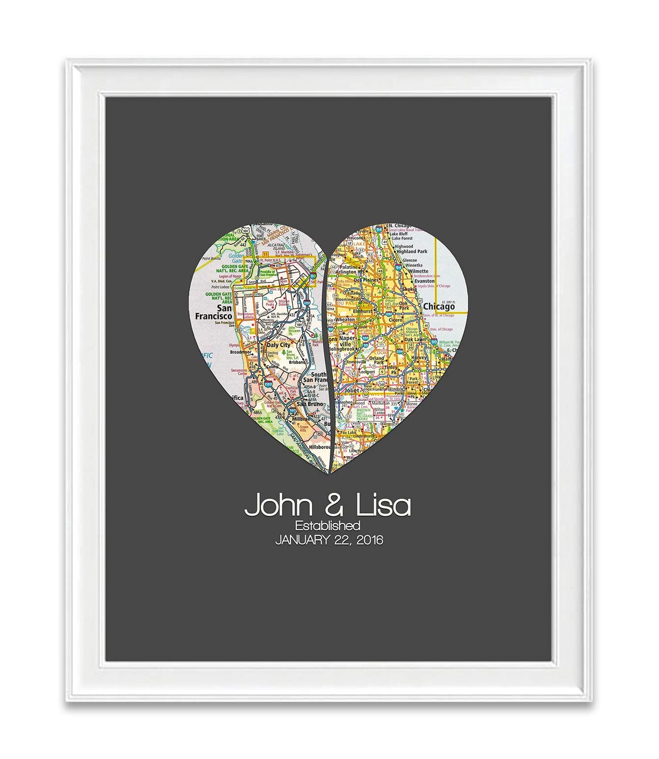 Custom Wedding Couple Split 2 Heart Maps Art Print, Unframed, Wedding gift, Personalized and Customized, Engagement Anniversary Valentines Day Housewarming Gift, All Sizes