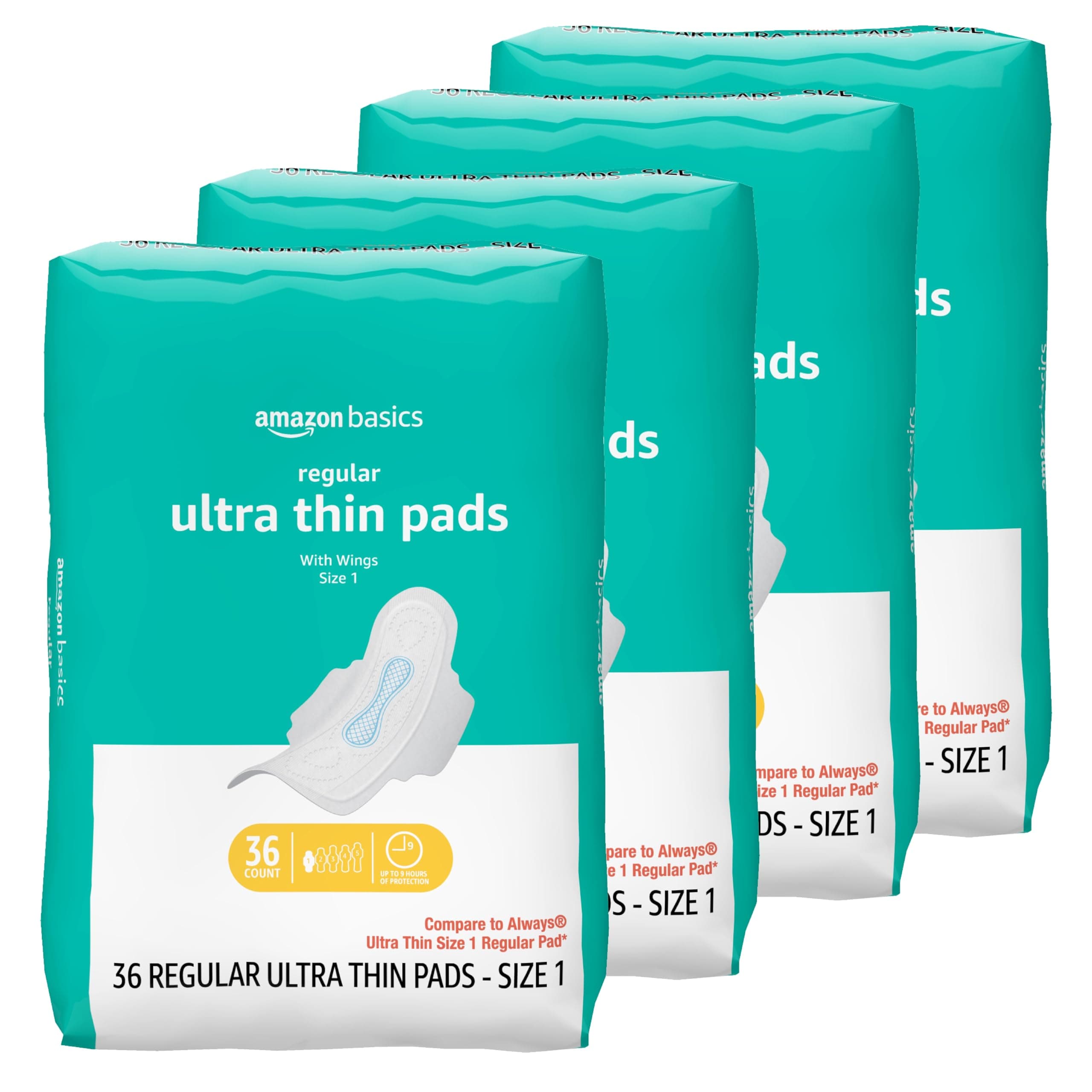 Amazon Basics Regular Absorbency Feminine Pads for Women, Ultra Thin with Flexi-Wings, Unscented, Size 1, Absorbent, 144 Count (4 Packs of 36) (Previously Solimo)