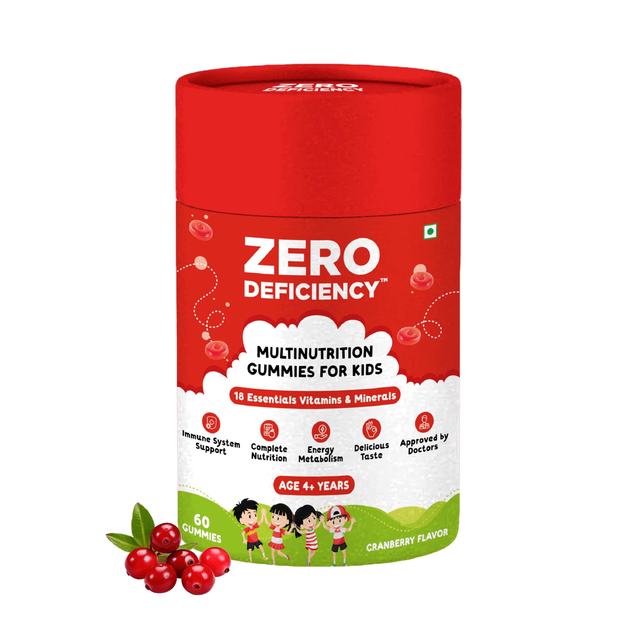 Zero Deficiency Kids Multivitamin Gummies with Vitamin A, C, D, E, Zinc & DHA for Brain, Mood, Sleep, Immunity & Physical Health | No Added Sugar | 60 Gummies – Tasty & Healthy Daily Nutrition
