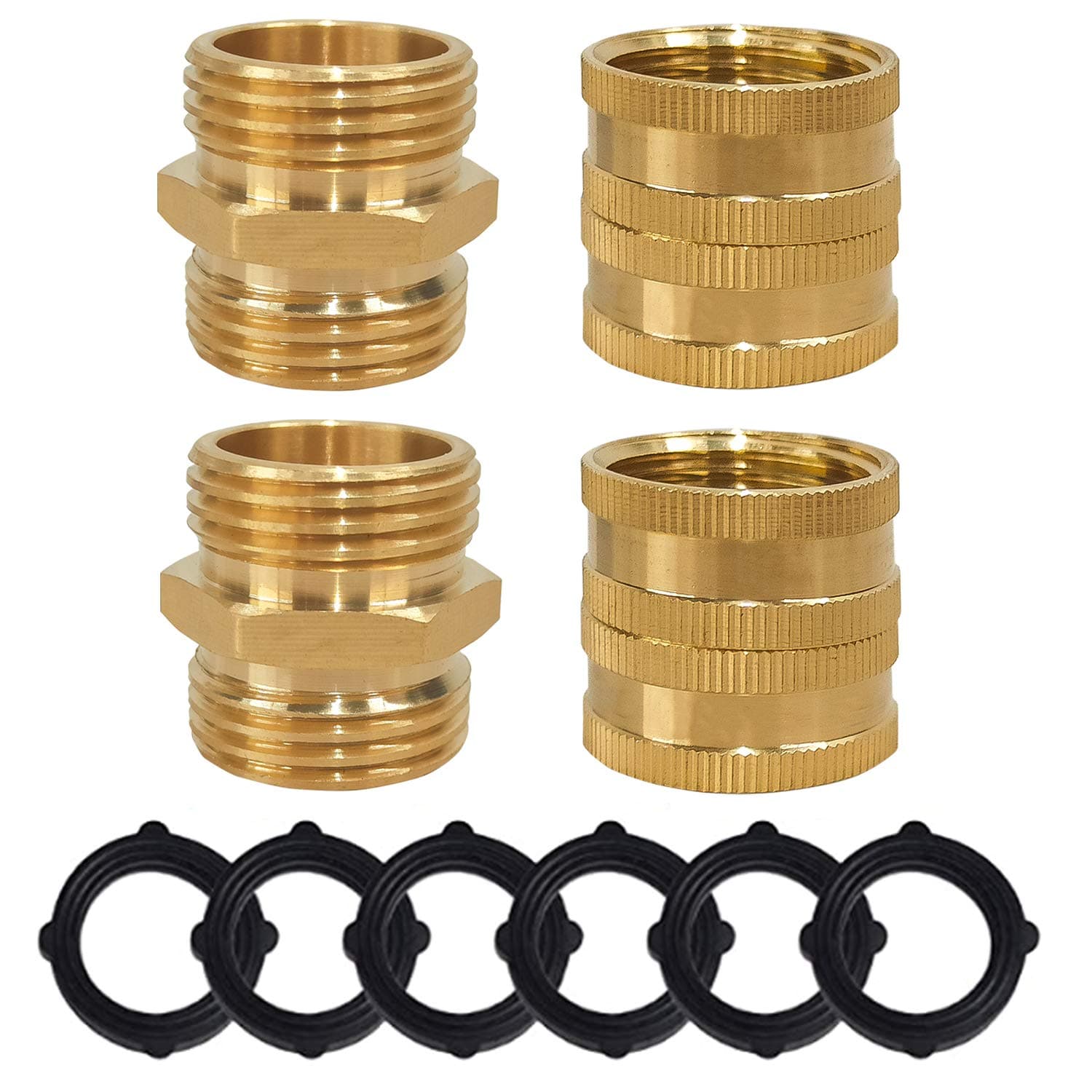 Hourleey Garden Hose Adapter, 3/4 Inch Solid Brass Connector, Male to Male, Female to Female, 4-Pack with Extra 4 Washers