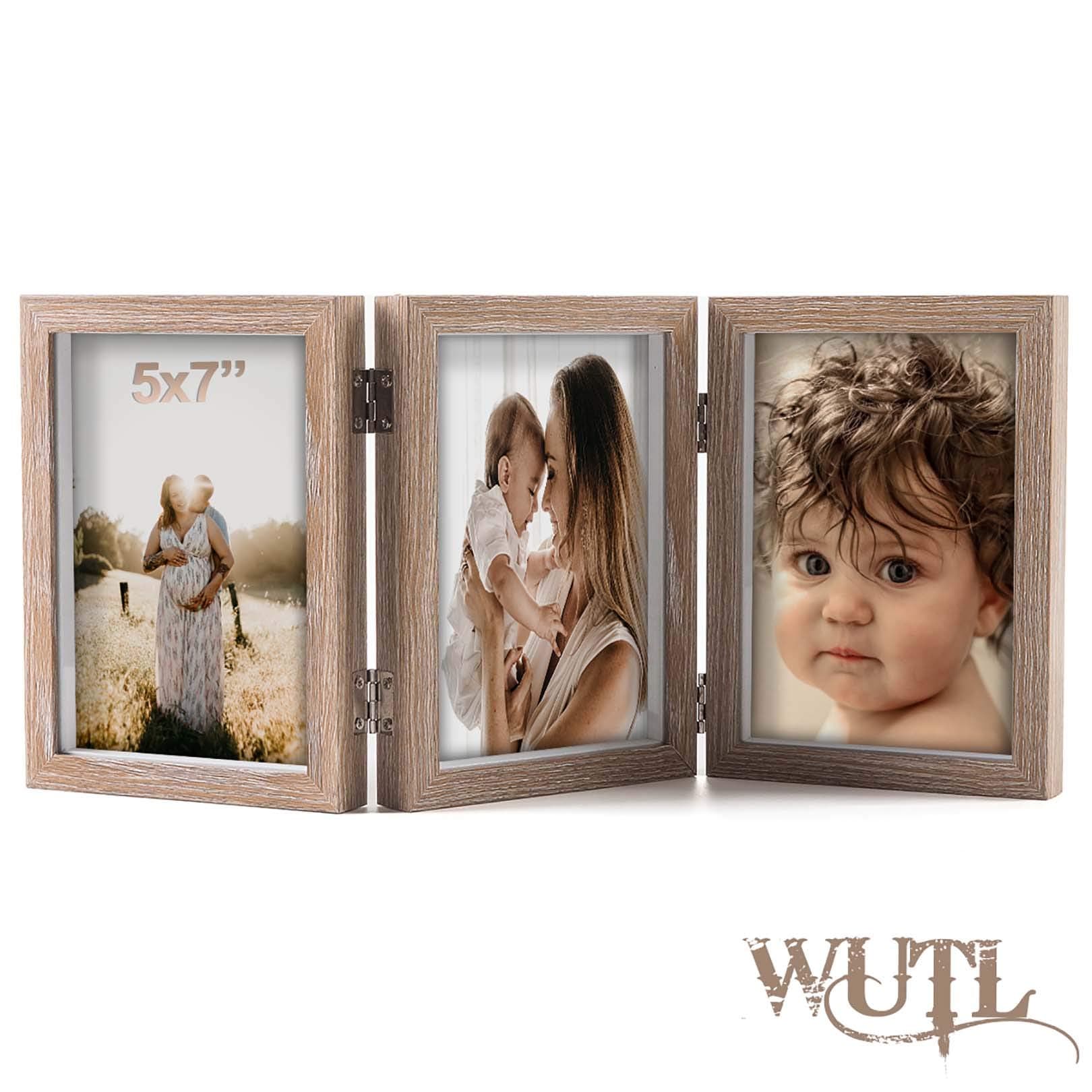 5x7 Triple Hinged Picture Frames Shadow Box MDF Wood Grain with Real Glass 3 Vertical Opening Family Lover Gift