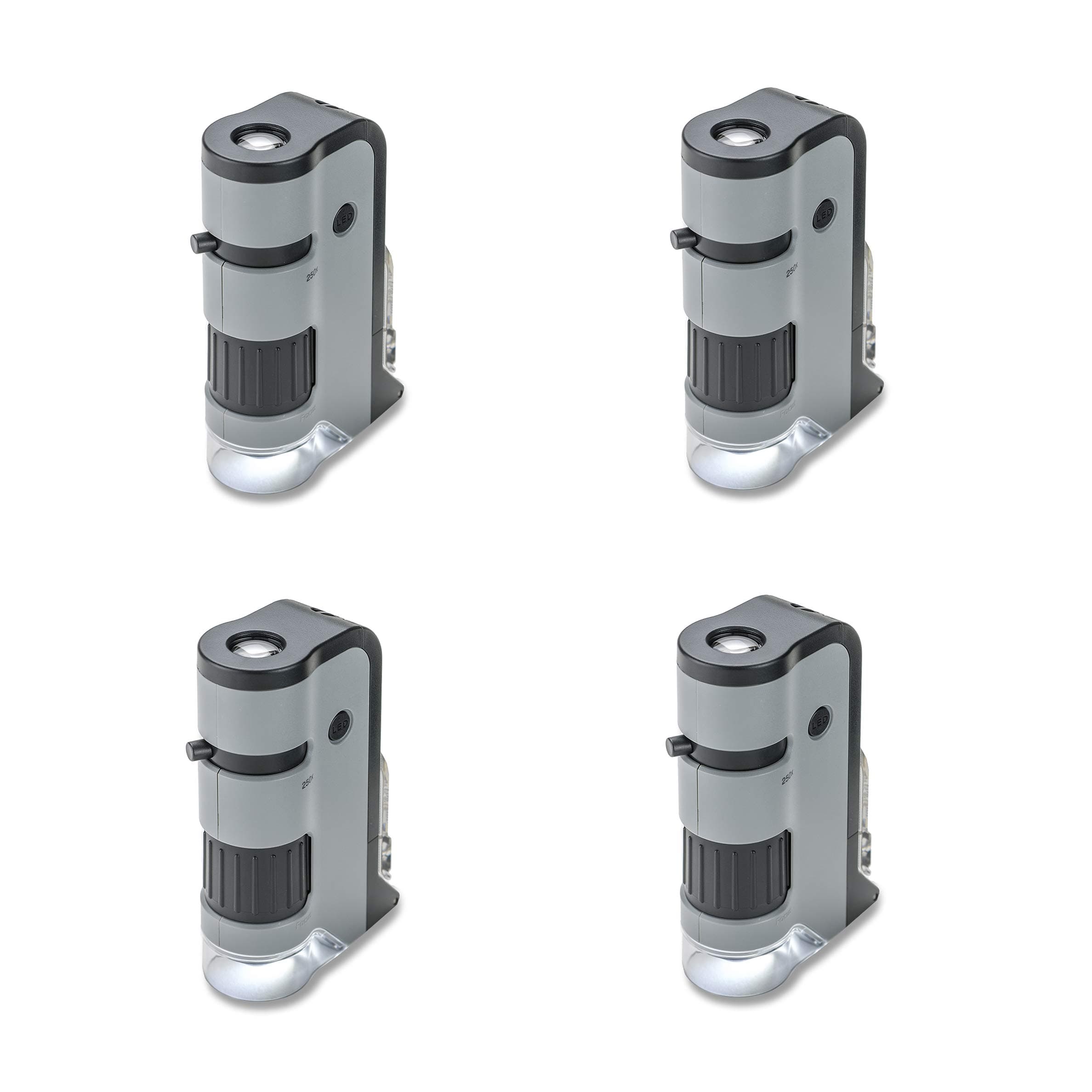 Carson MicroFlip 100x-250x LED Lighted Pocket Microscope with Flip Down Slide Base, Smartphone Adapter Clip, and UV Flashlight (Set of 4)