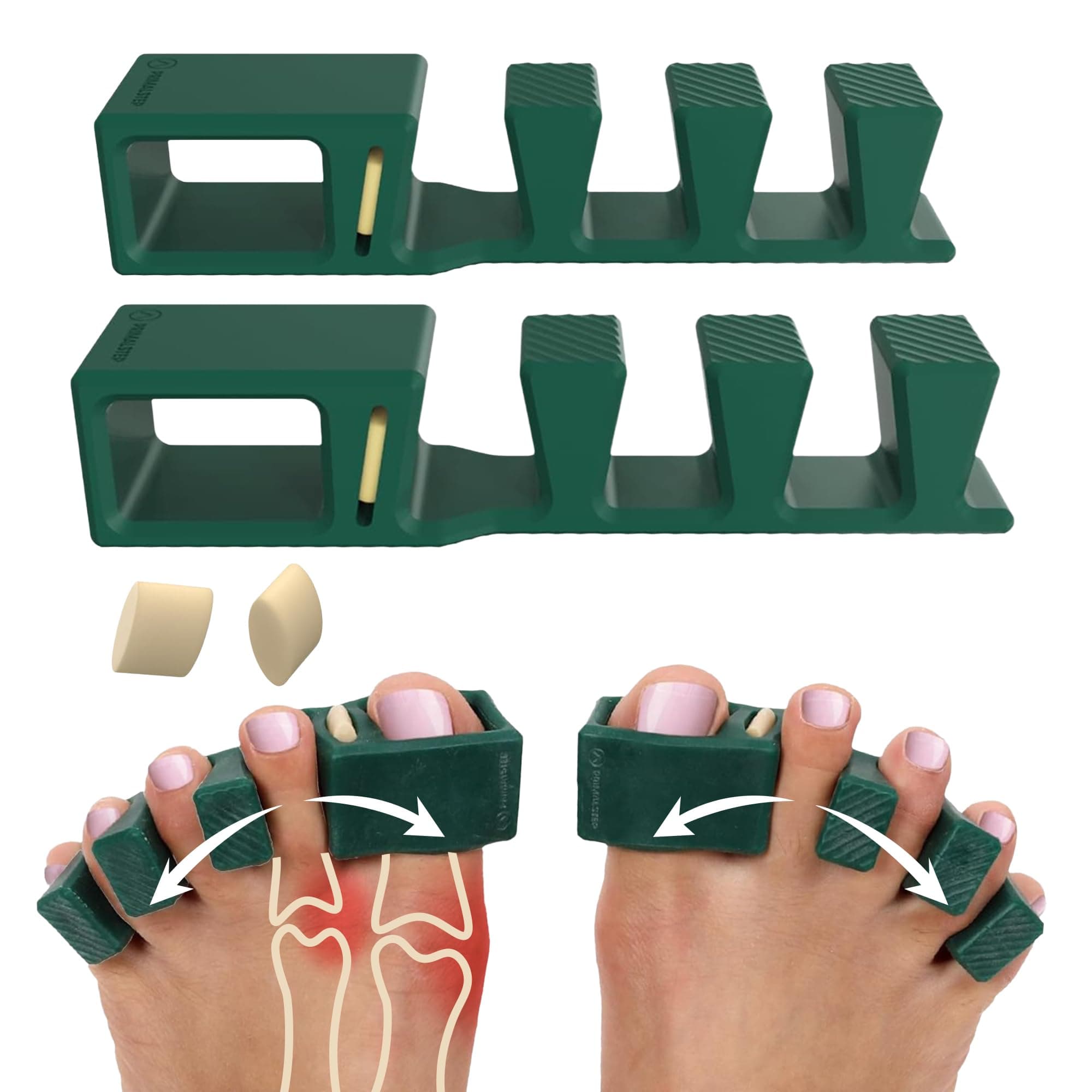 APEX Adjustable Toe Separators, Spreaders, Spacers, Straightener to Correct Toes for Men and Women, Bunion Corrector, Plantar Fasciitis, 50% Thicker, 2 Pairs, S/M and Large, Green
