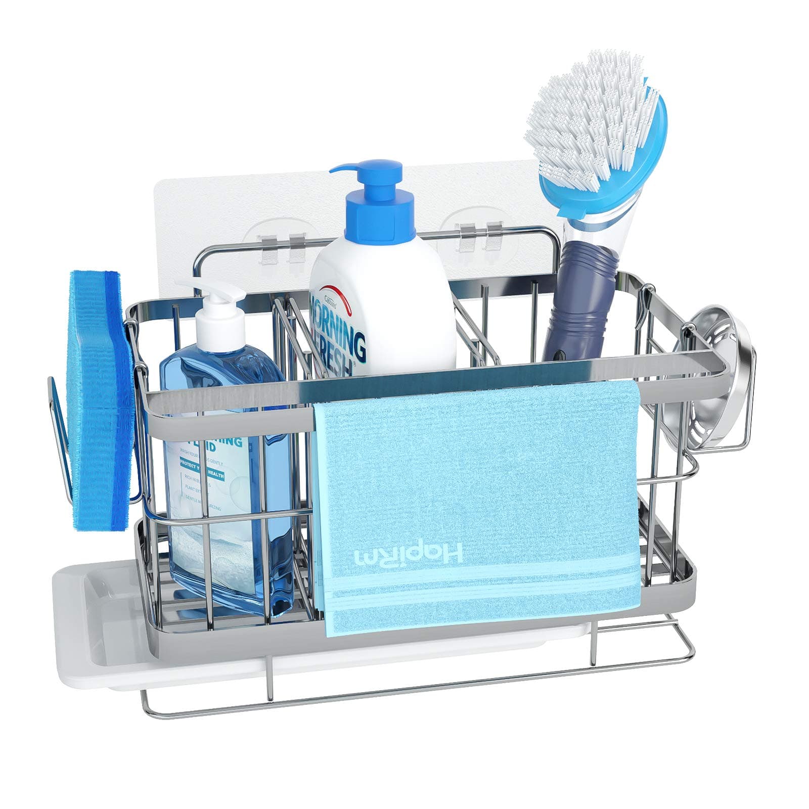 HapiRm Sink Tidy Kitchen Caddy Kitchen Organiser 4 in 1 Sponge Holder Brush Holder Cleaning Organiser Cloth Holder,Kitchen Utensils Holder Countertop & Wall Mounted, 2 Adhesives, Stainless Steel