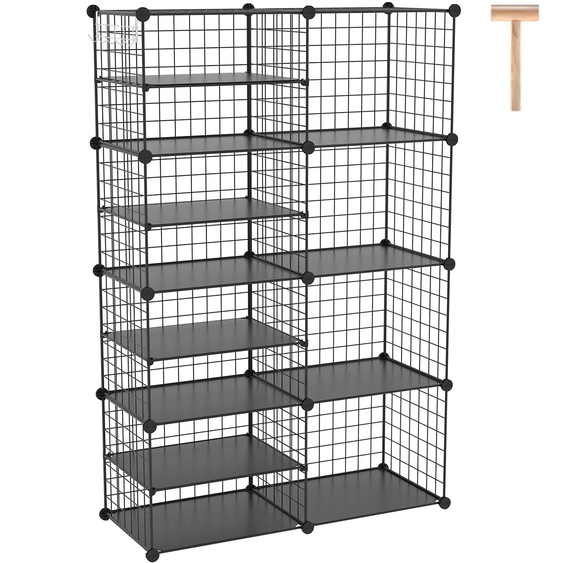 C&AHOME Wire Cube Storage Unit, Interlocking Metal Wire Organizer with Divider Design, Modular Cabinet with Plastic Panels, Bookshelf Stackable Closet Organizer with Small Hooks, Black UWCSIM08B
