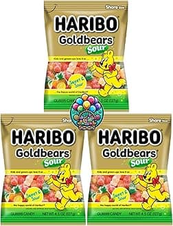Sour Gold Bears Gummy Chewy Candy - 4.5oz. (Pack of 3) Share Size Peg Bags for Halloween, Christmas and more in a NikAn Supplies Bag