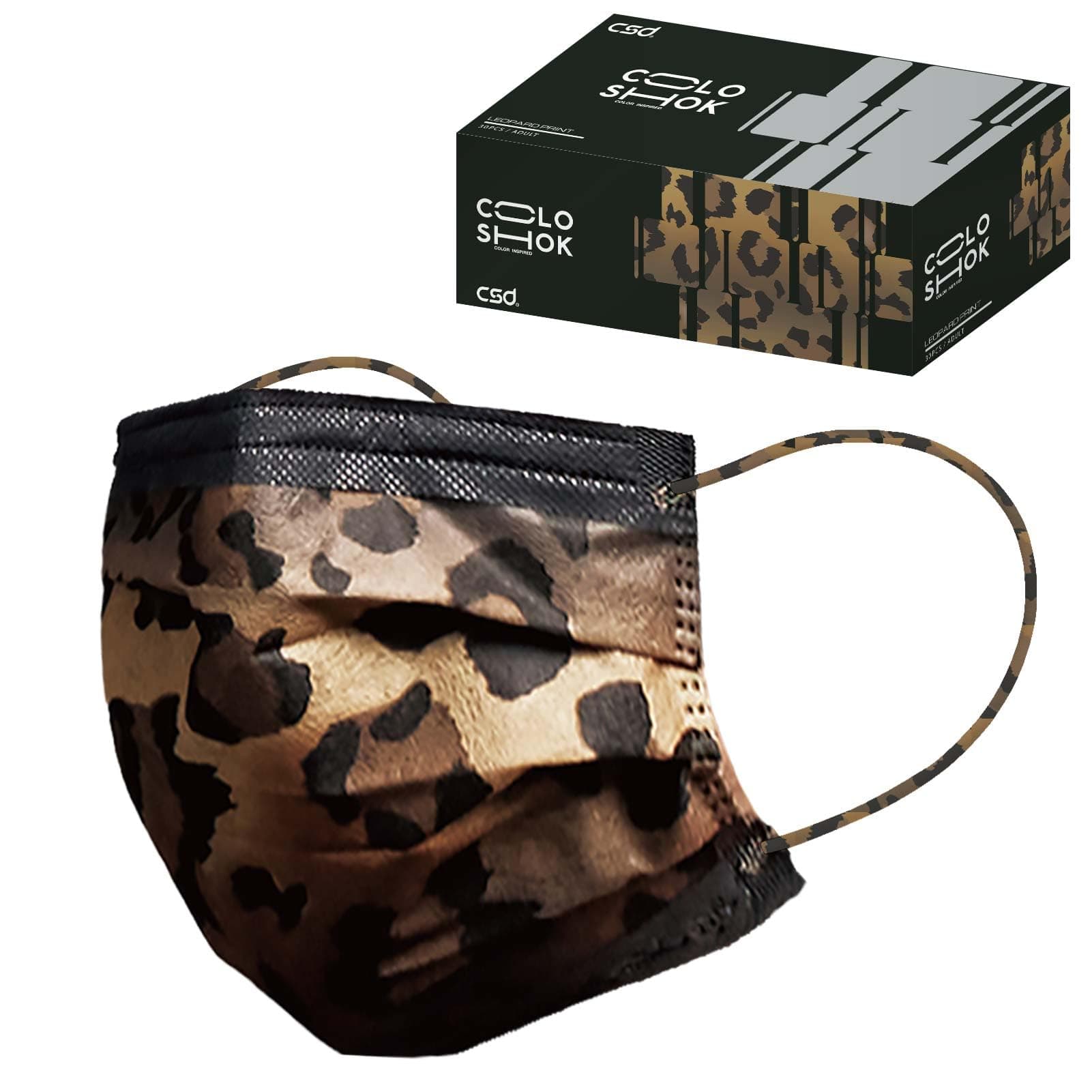 CSD Colo 30 Pcs Leopard Print Disposable Face Masks, 3 Ply Adult Mask with Elastic Ear Loop, Nose Bridge Clip, Breathable Comfortable Mask Great for Indoor, Outdoors Use (Camo)