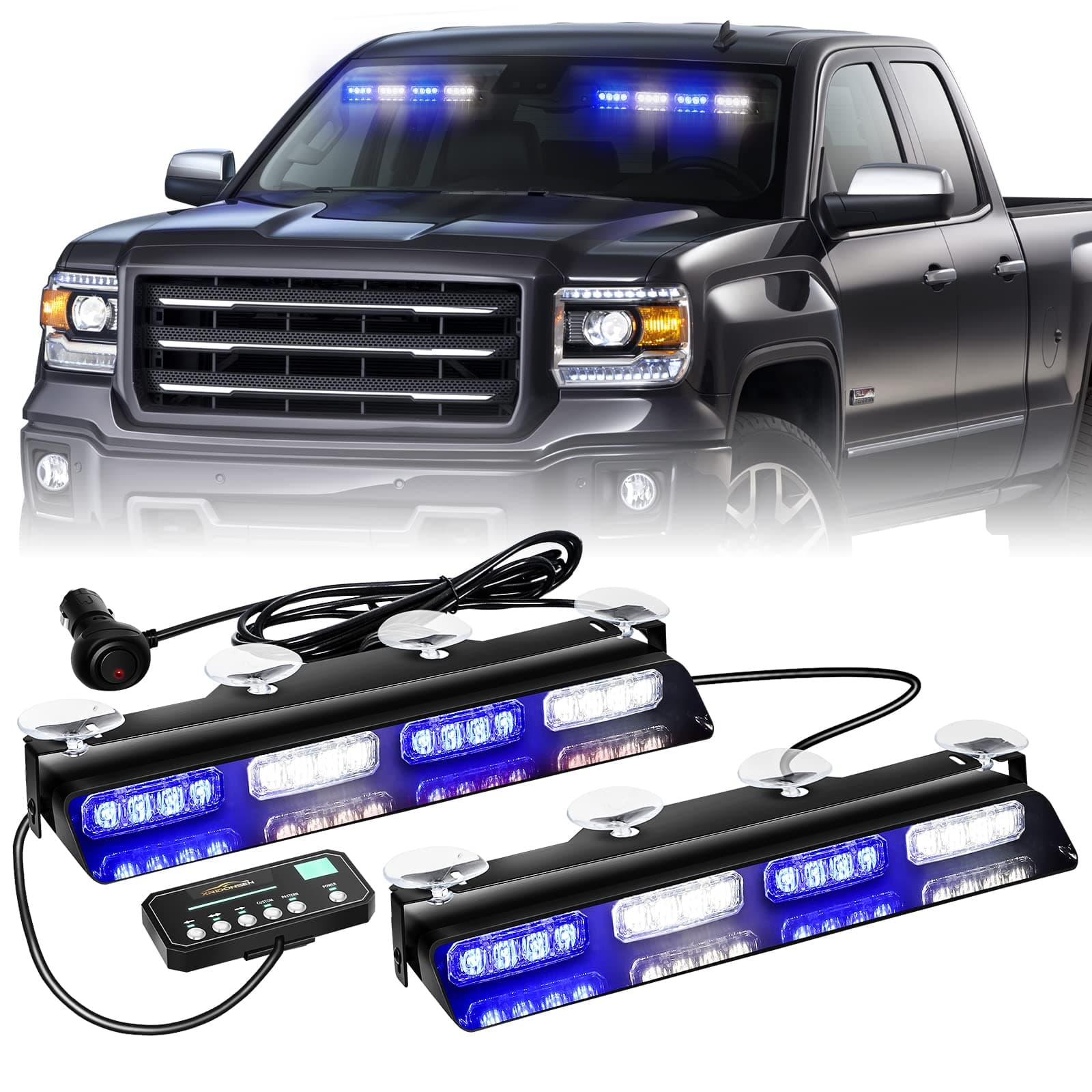 XRIDONSEN Emergency Dash Strobe Lights Safety Flashing Warning Interior Front/Rear Windshield Deck Split Light w/Digital Display Controller for Ambulance Police Vehicles Truck (2x14 inch, Blue White)
