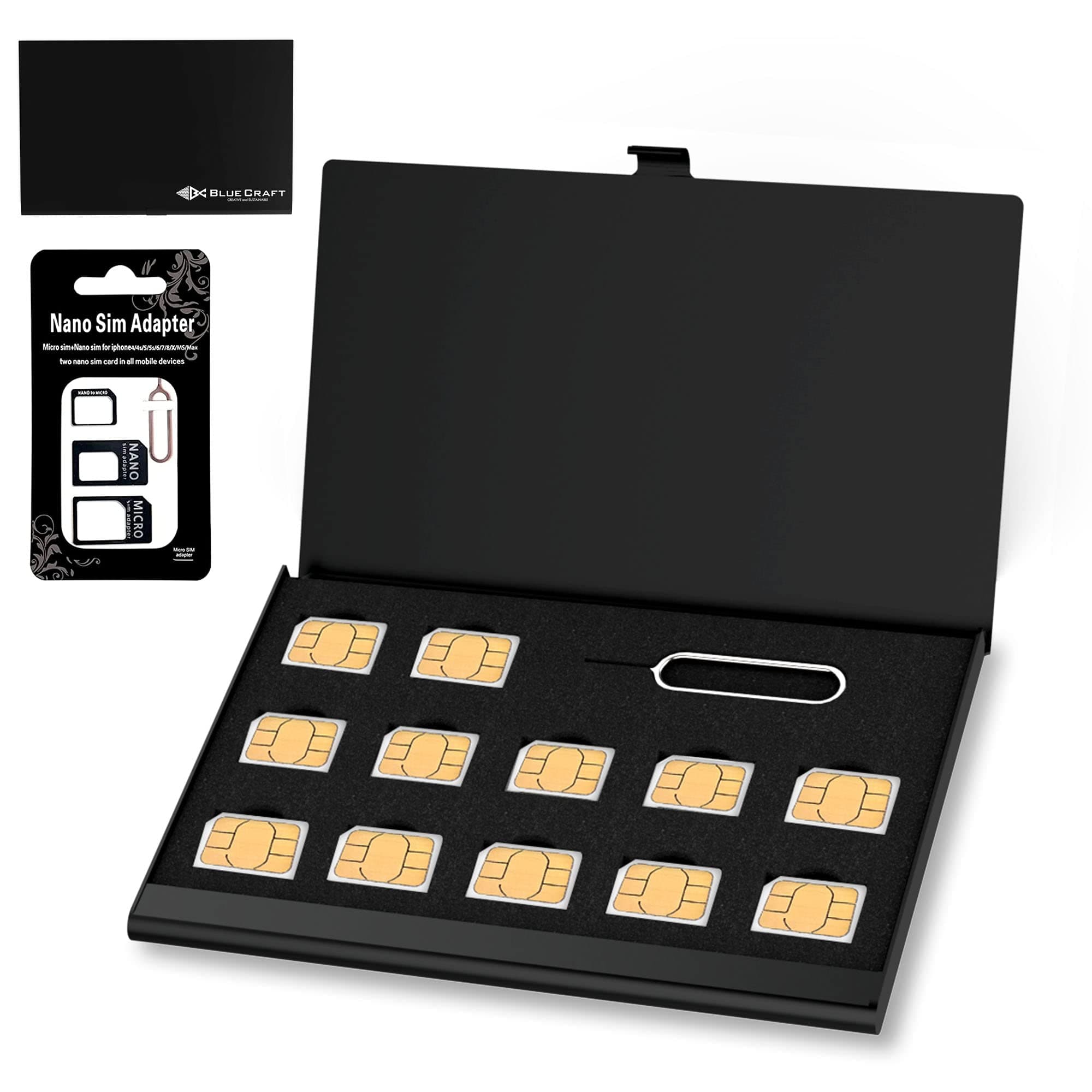 BLUE CRAFT Nano SIM Card Case (Max. 12 Nano SIM Slots) Slim Aluminum Antistatic Holder with SIM Card adapters and Removal Ejector Pin Tool(Black)