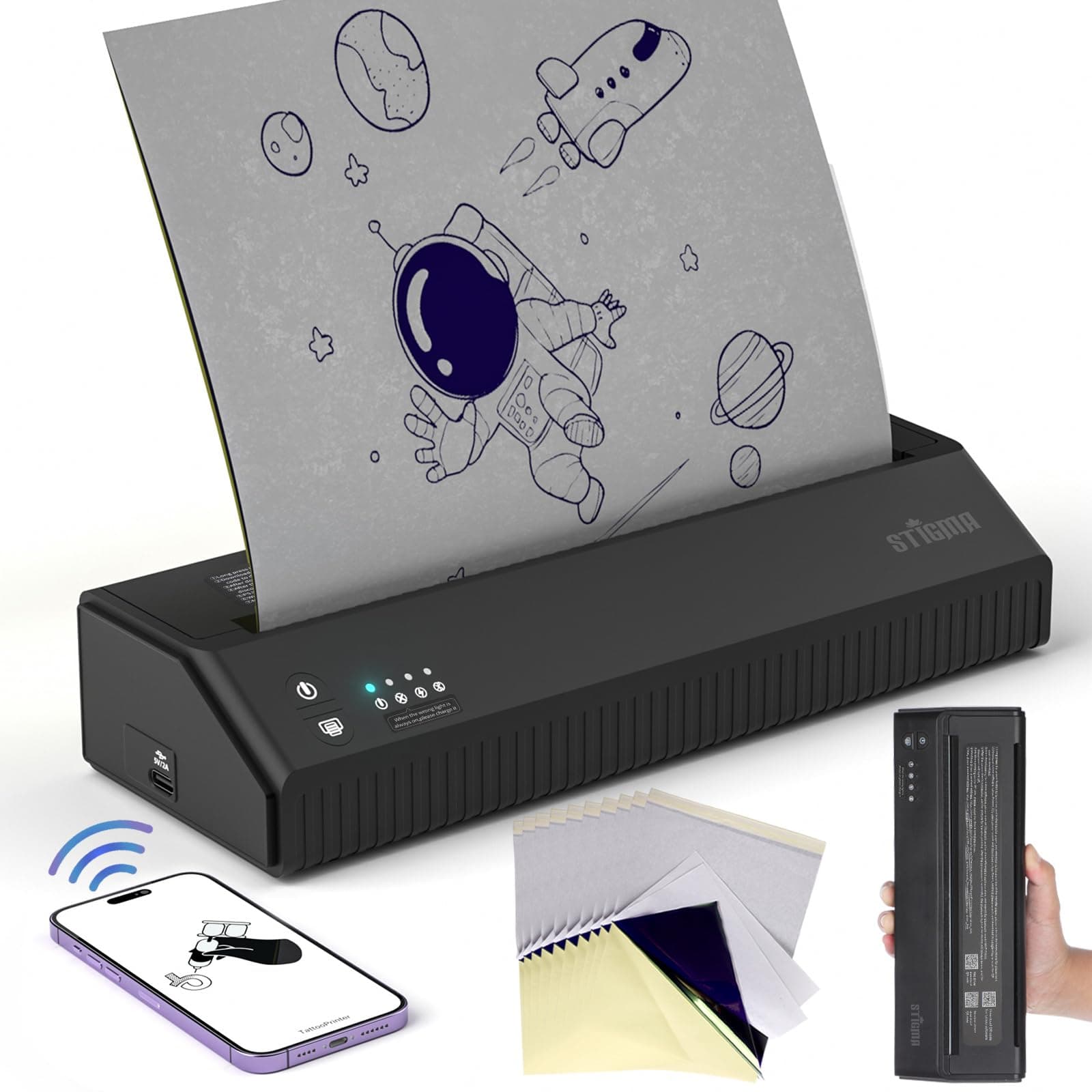 STIGMA Bluetooth Tattoo Transfer Stencil Machine Black Mini Tattoo Printer 2500mAh Copier Drawing Thermal Stencil Maker with 10Pcs Transfer Paper for Tattooing