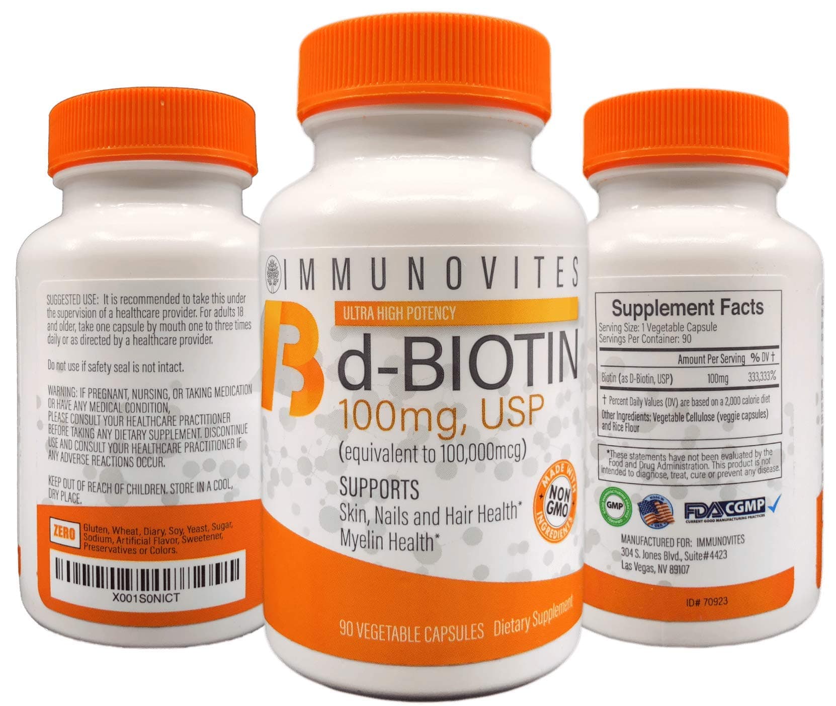 3-Pack High Dose d-Biotin 100mg (Equivalent to 100,000mcg) 90ct Each Bottle - Veggie Capsule