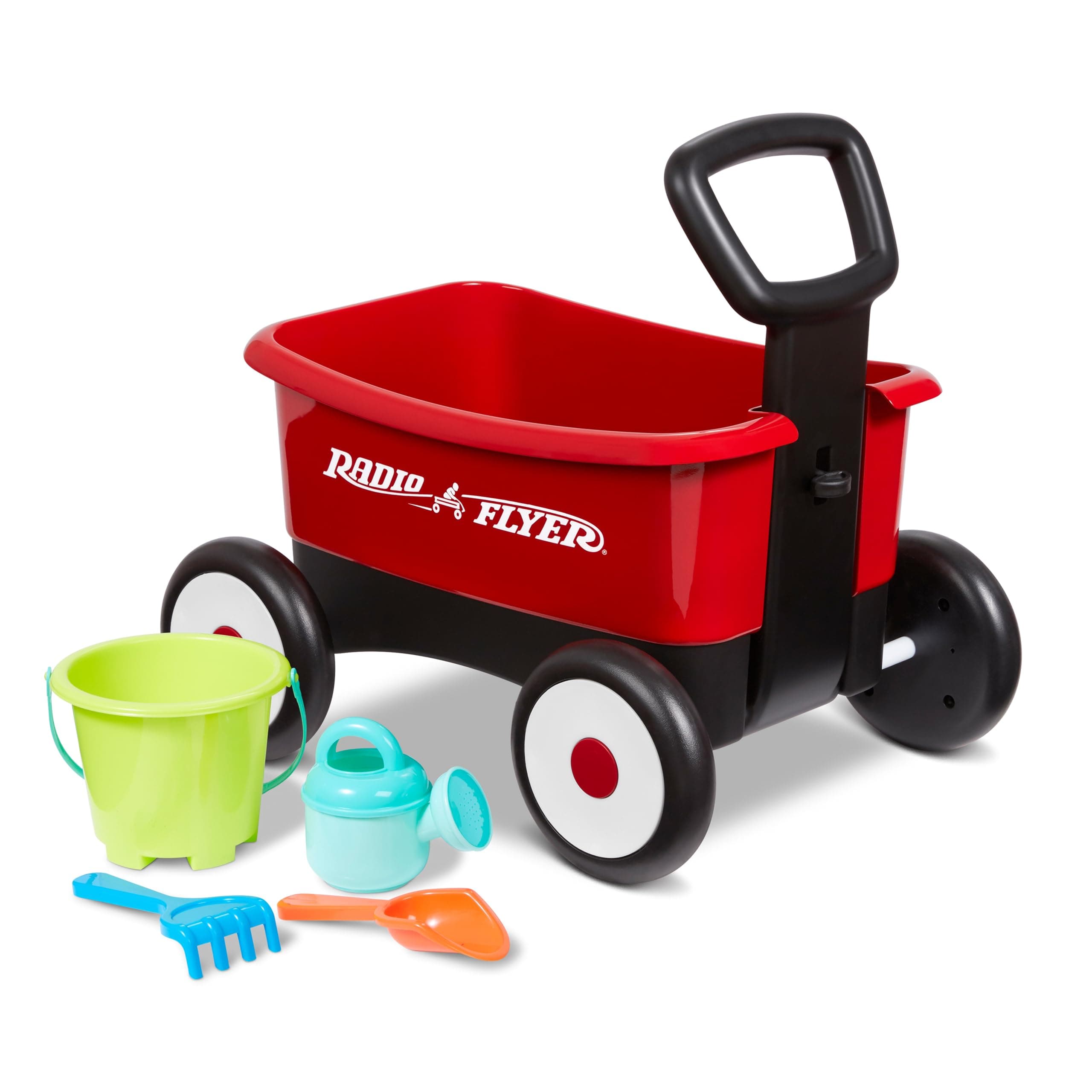 Push & Pull Walker Wagon with Garden Tools, Red, for Kids 1-4 Years Old, Locking Handle for Stability, Baby Push Walker Converts to Pull Wagon, for Indoor & Outdoor Play