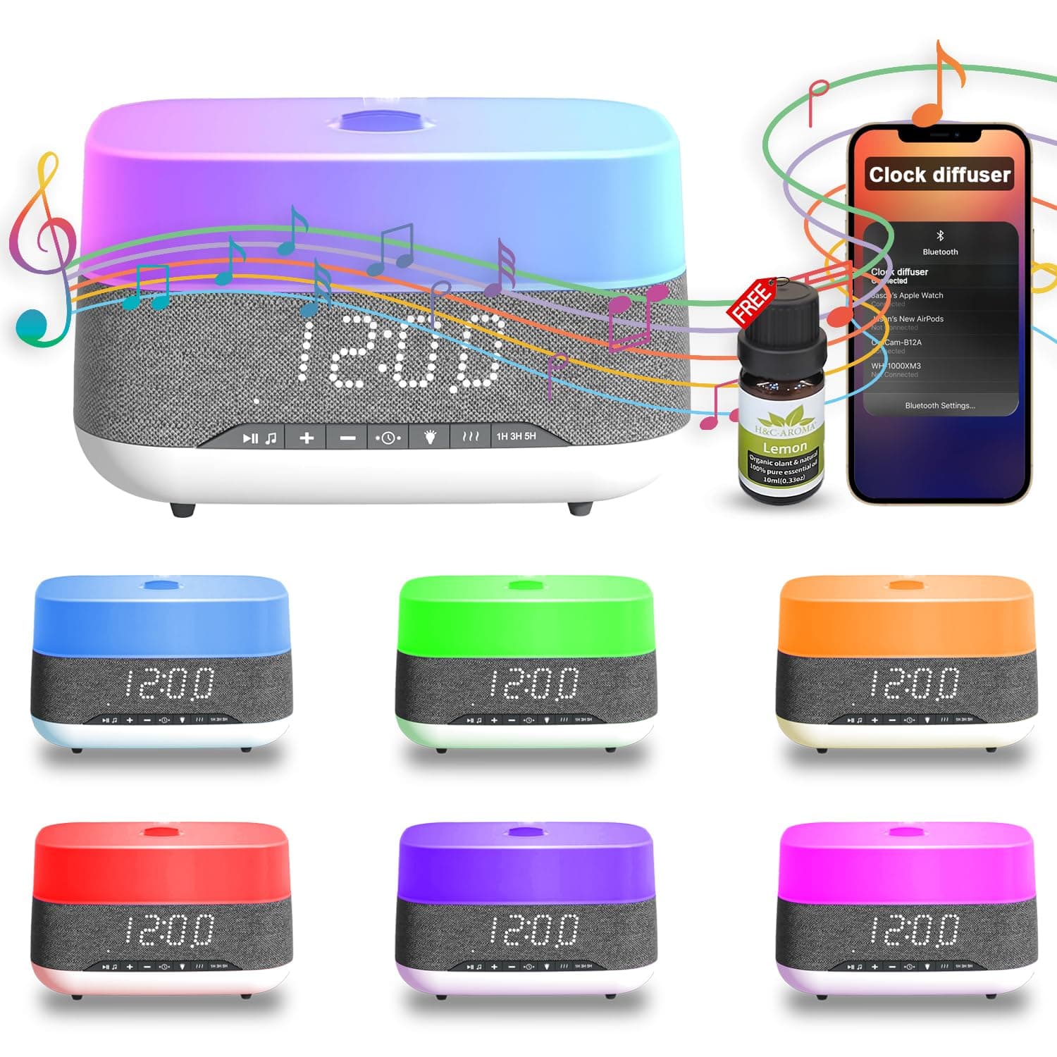 Flame Humidifier Essential Oil Diffuser, 4 in 1 Ultrasonic Aromatherapy, Vaporizer, Aroma Purifier, Timer, Clock, Speaker, Auto-Off, 7 Colors for Home, Office (FREE Fragrance Oil Gift)