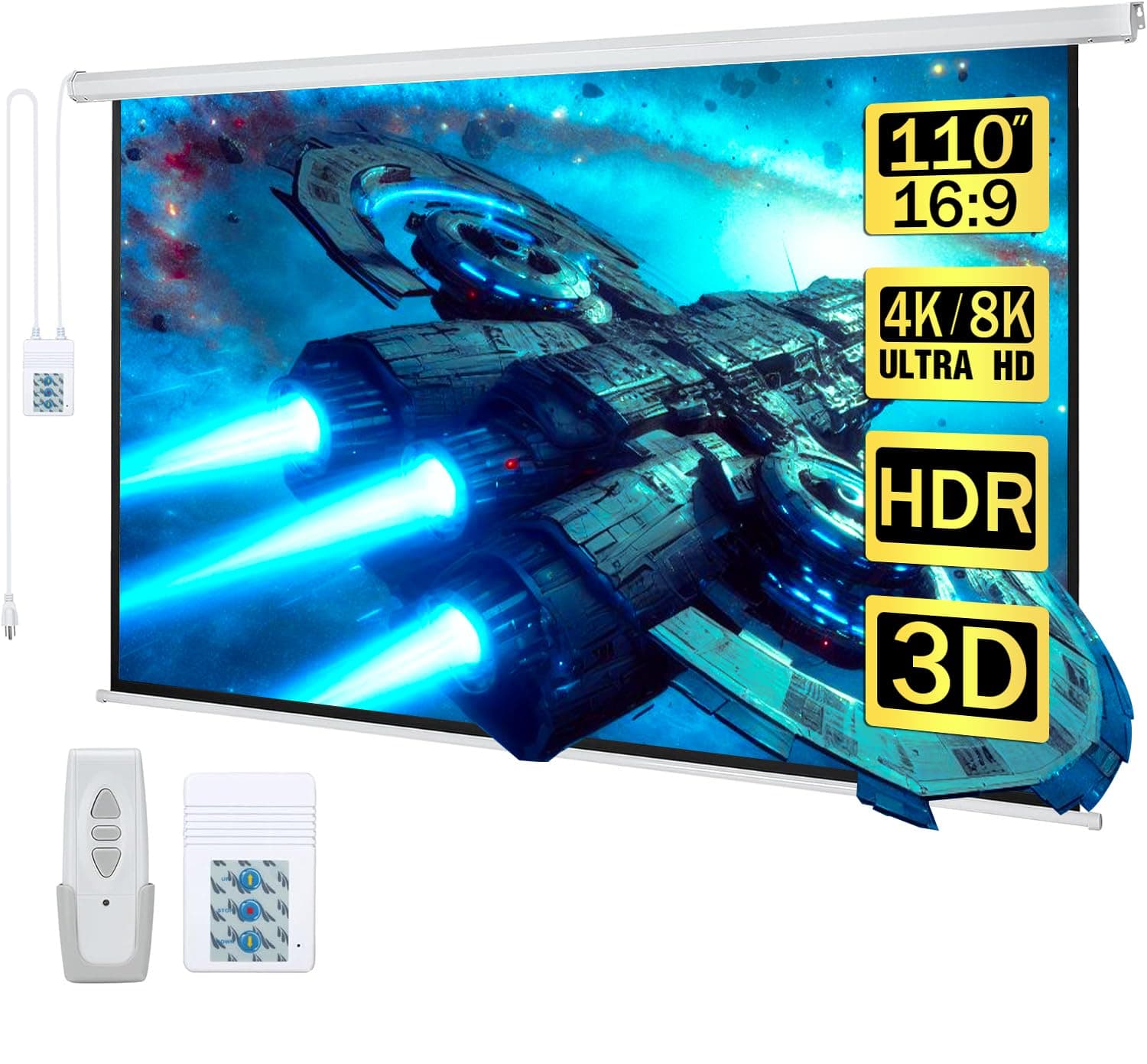 110" Motorized Projector Screen Electric Diagonal Automatic Projection 16:9 HD Movies Screen for Home Theater Presentation Education Outdoor Indoor W/Wireless Remote, Wall/Ceiling Mount (White)