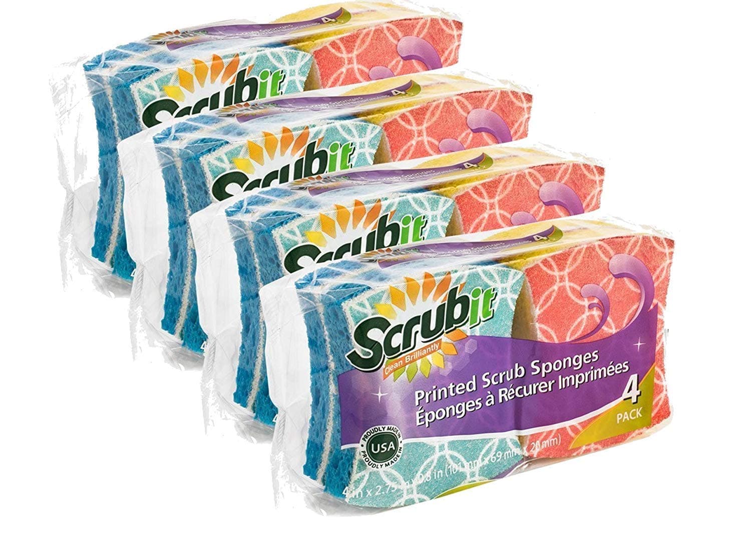 Scrub-It Printed Scrub Dish Sponge - Non-Scratch - Shaped for More Comfortable Grip and Handling - Make Cleaning Faster and Easier (Sold as a 16 Pack)