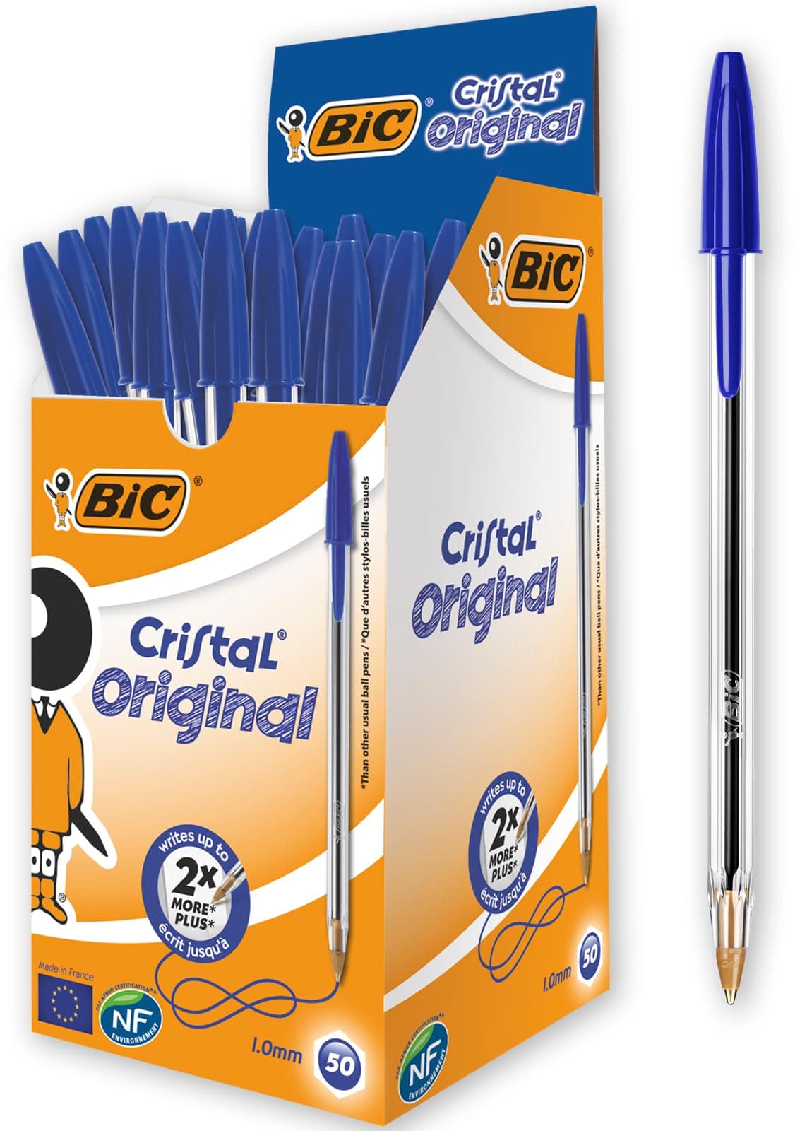 Cristal Original Ballpoint Pens, Medium Point (1.0 mm) Every-Day Writing Pens with Clear Barrel, Blue, Box of 50